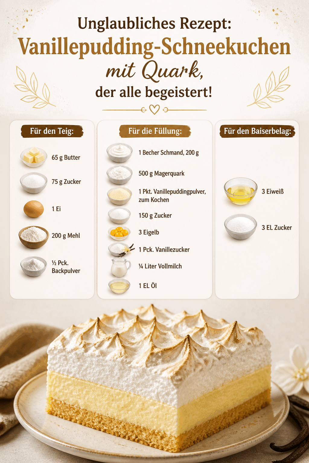 Unglaubliches Rezept: Vanillepudding-Schneekuchen mit Quark, der alle begeistert!