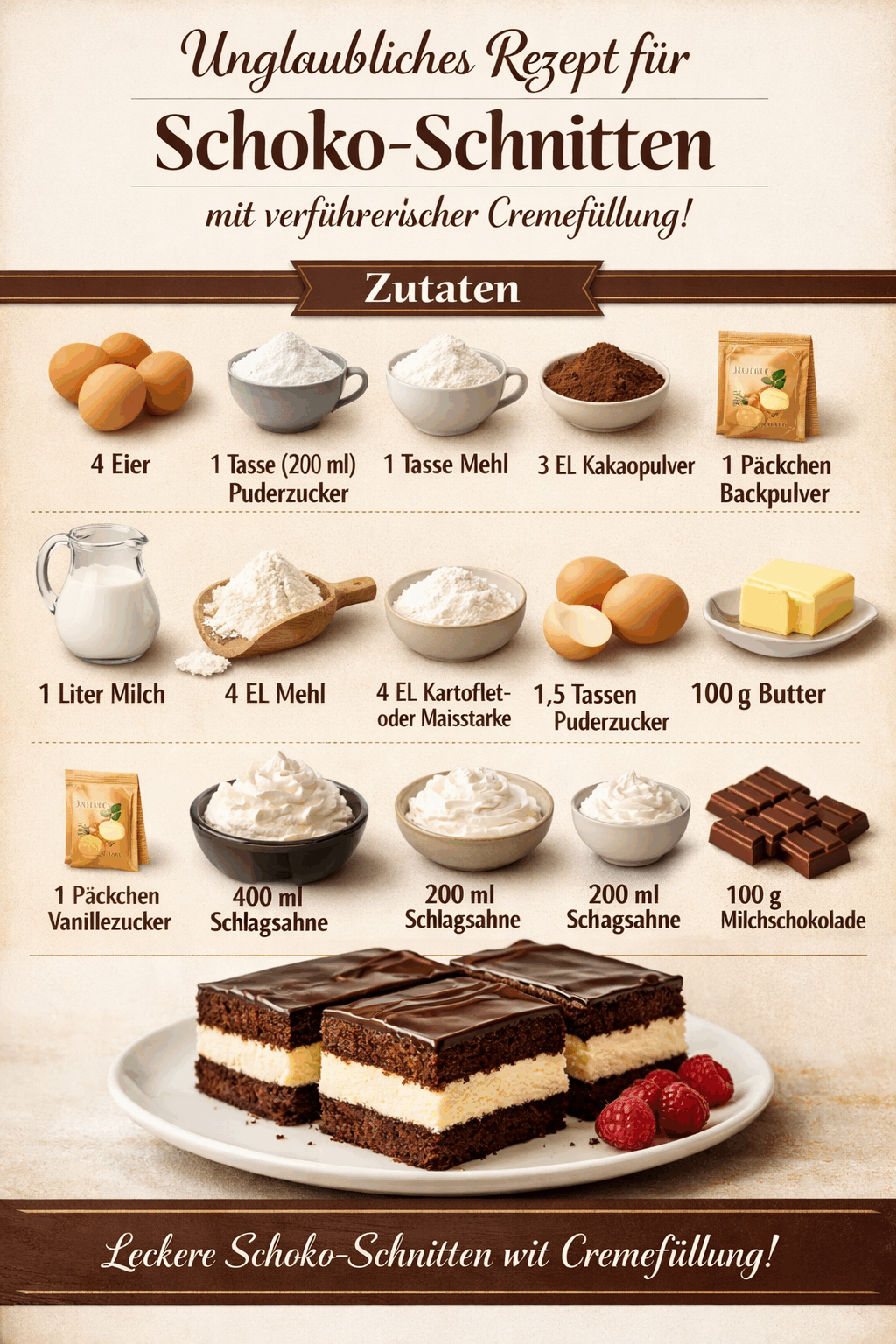 Unglaubliches Rezept für Schoko-Schnitten mit verführerischer Cremefüllung!