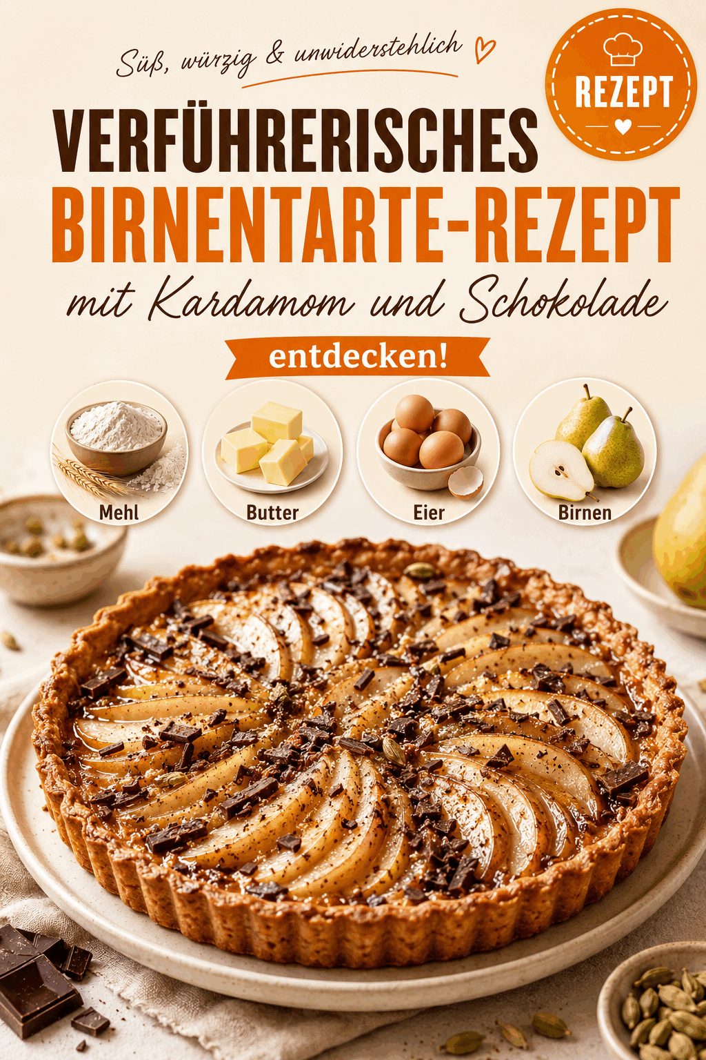 Verführerisches Birnentarte-Rezept mit Kardamom und Schokolade entdecken!