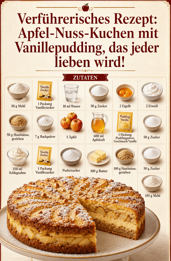 Verführerisches Rezept: Apfel-Nuss-Kuchen mit Vanillepudding, das jeder lieben wird!