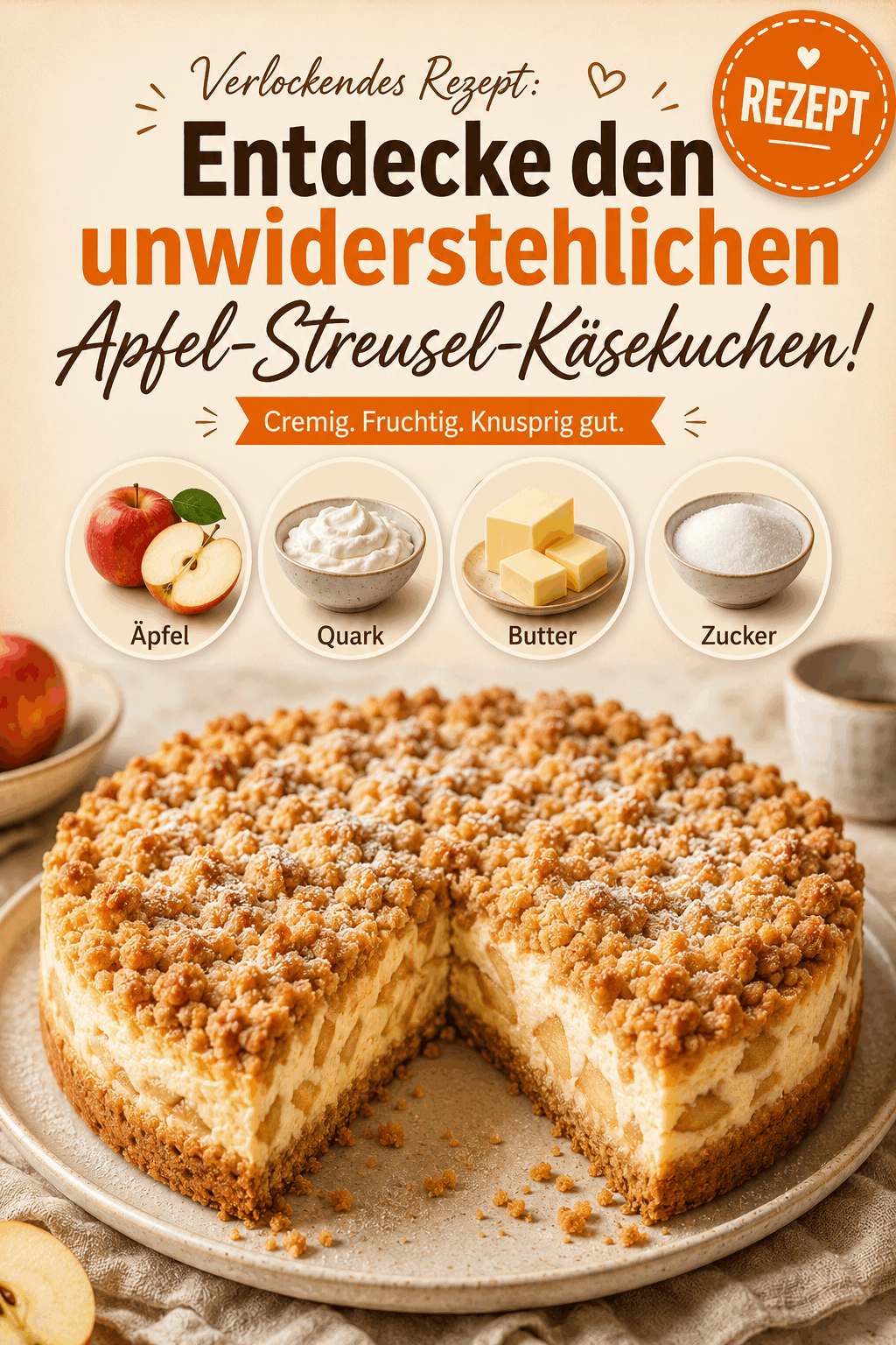 Verlockendes Rezept: Entdecke den unwiderstehlichen Apfel-Streusel-Käsekuchen!
