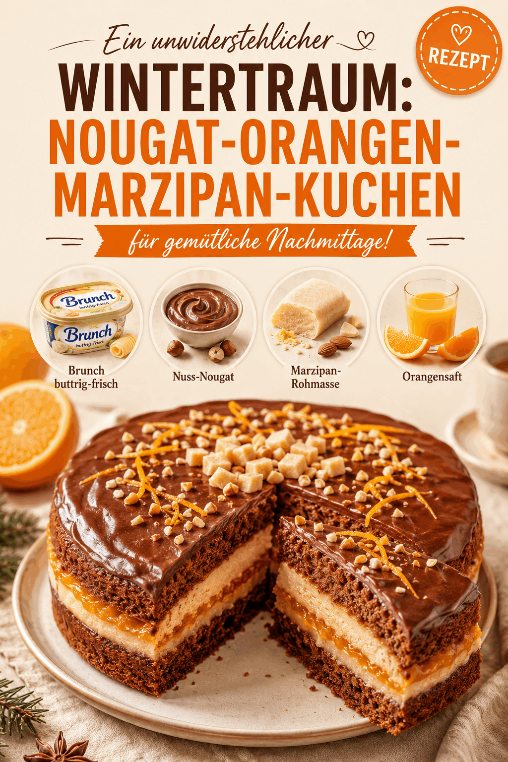 Ein unwiderstehlicher Wintertraum: Nougat-Orangen-Marzipan-Kuchen für gemütliche Nachmittage!