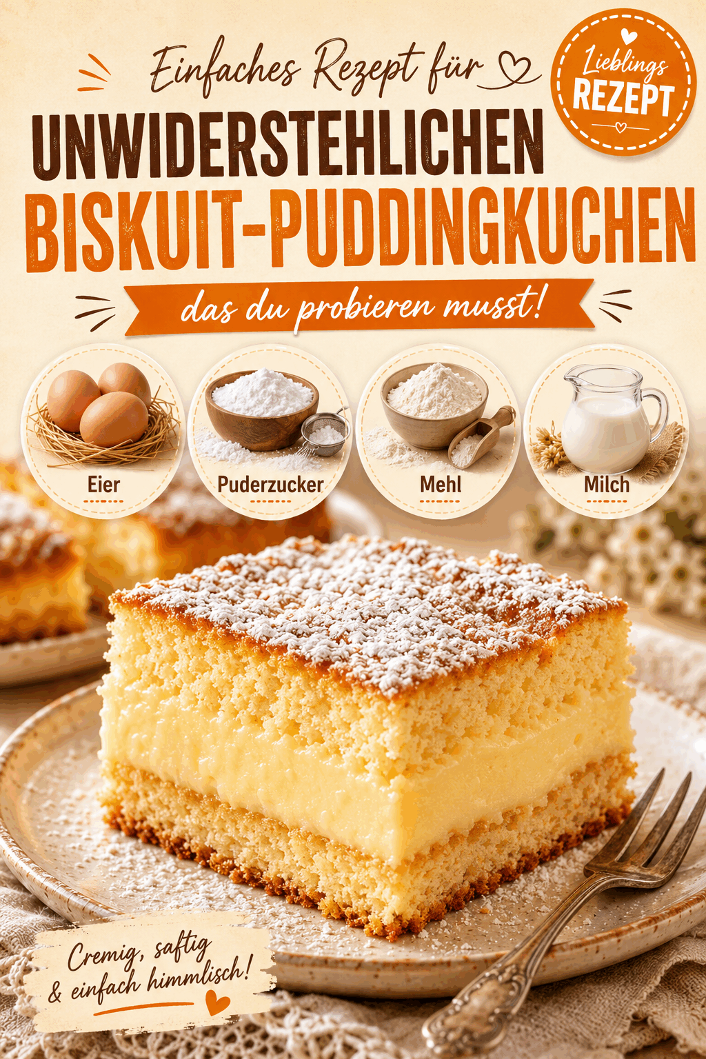 Einfaches Rezept für unwiderstehlichen Biskuit-Puddingkuchen, das du probieren musst!