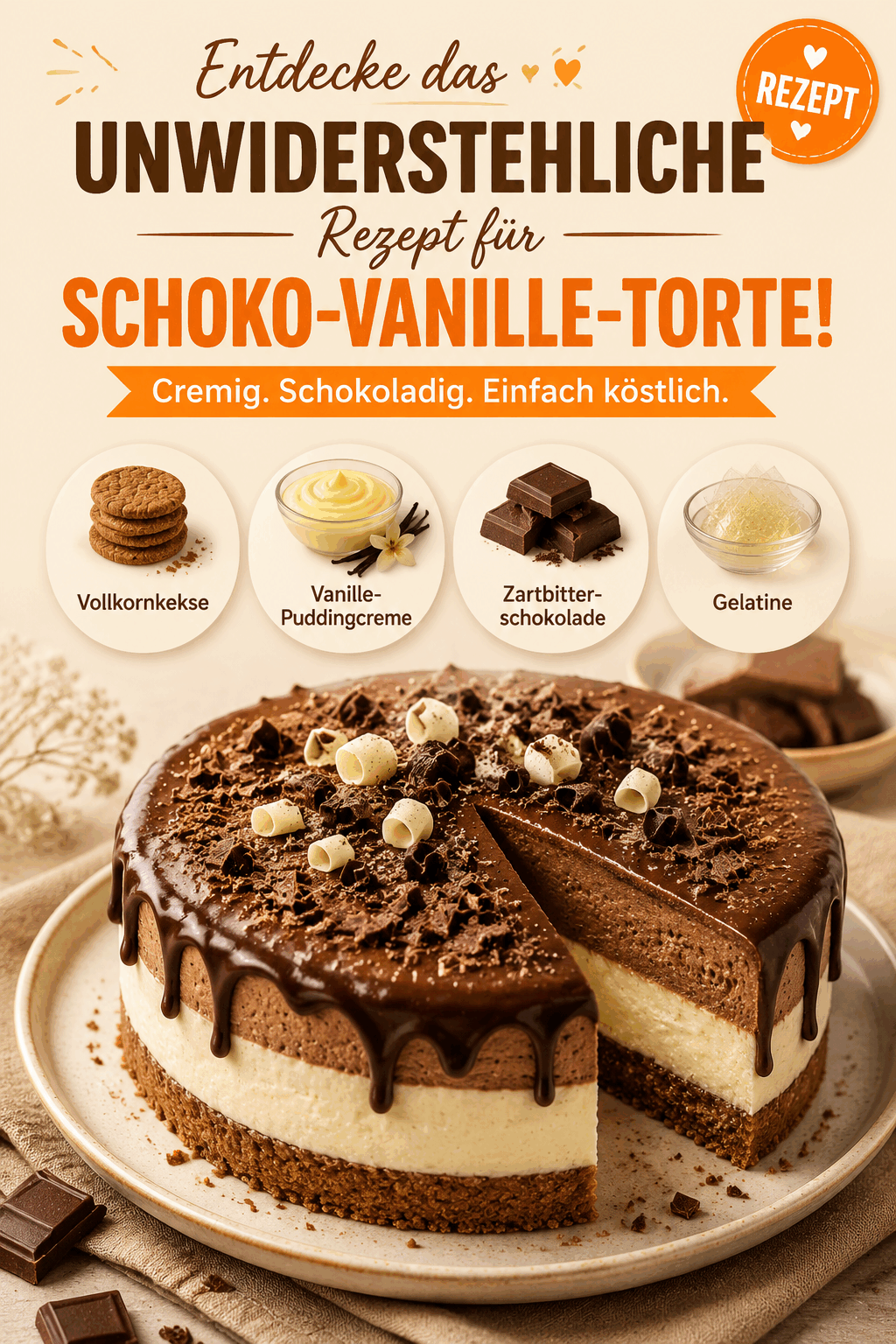 Entdecke das unwiderstehliche Rezept für Schoko-Vanille-Torte!