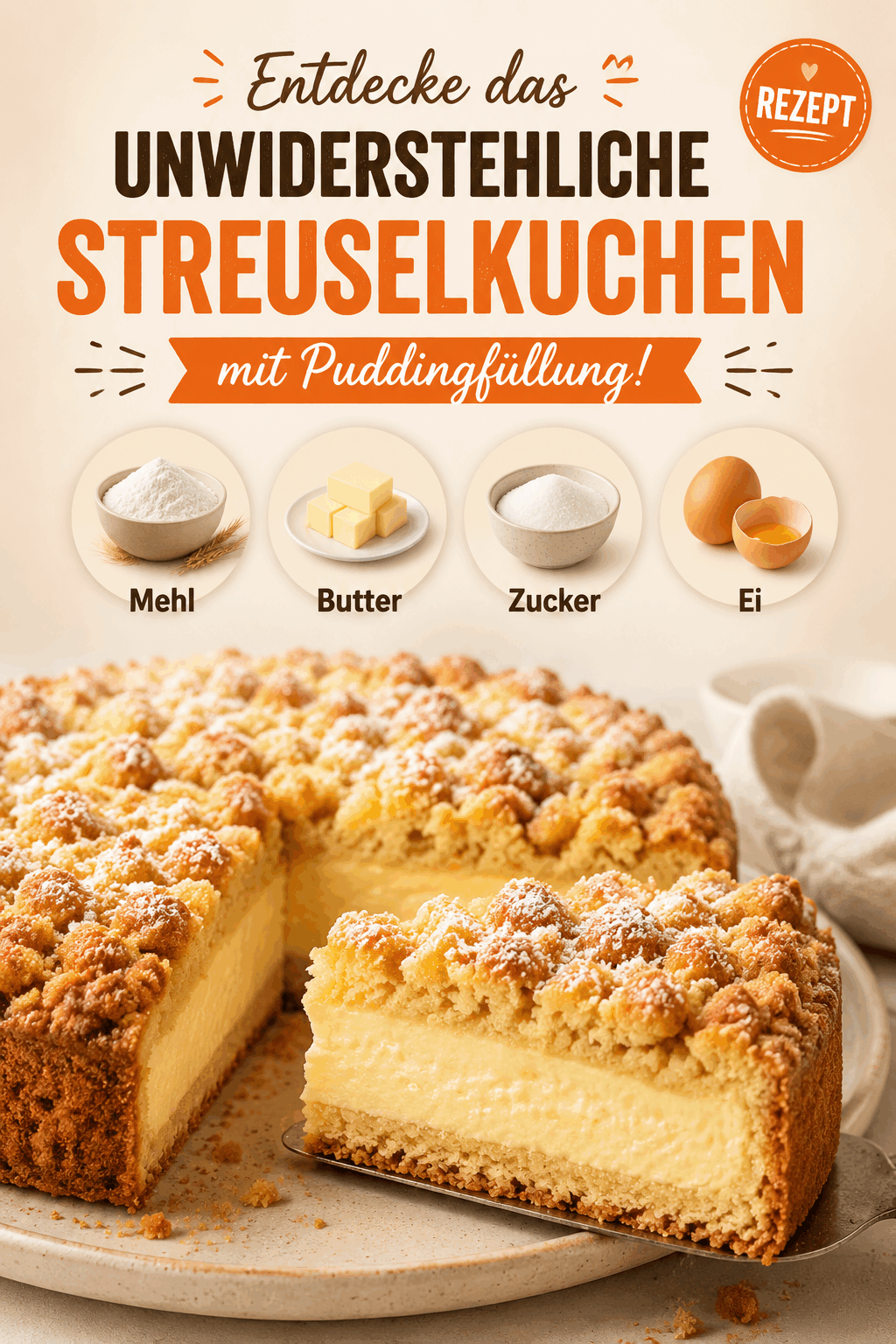 Entdecke das unwiderstehliche Rezept für Streuselkuchen mit Puddingfüllung!