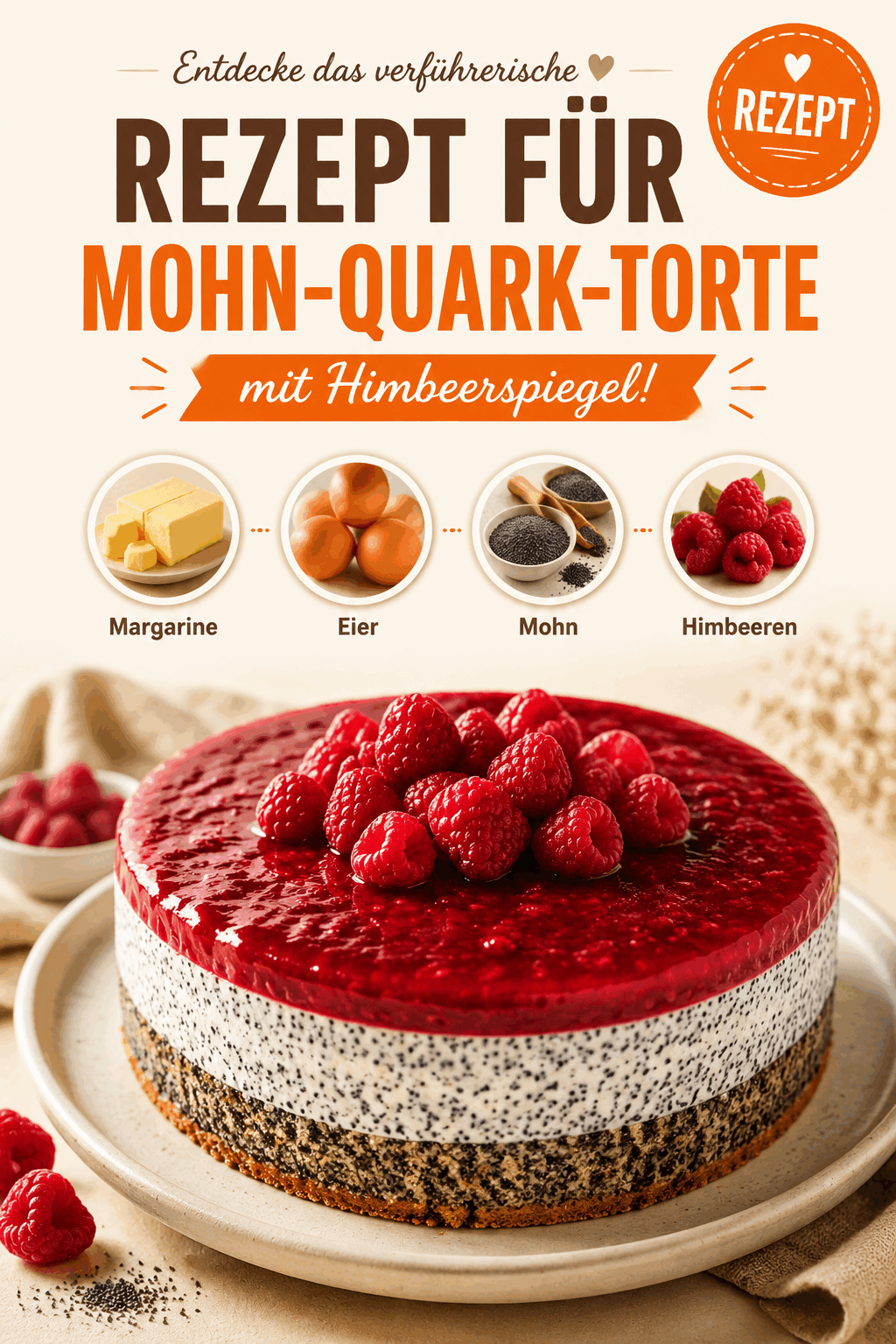 Entdecke das verführerische Rezept für Mohn-Quark-Torte mit Himbeerspiegel!