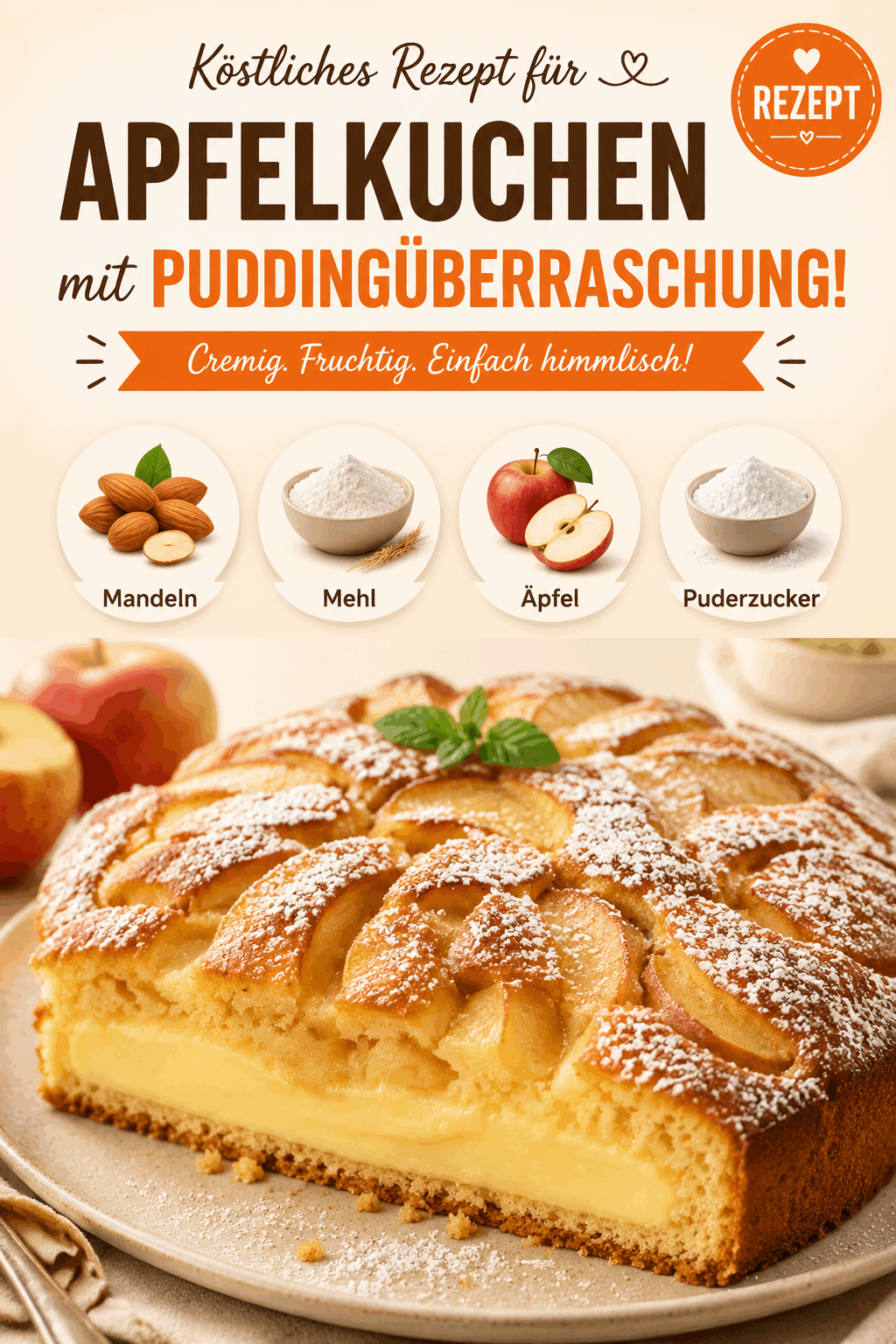 Köstliches Rezept für Apfelkuchen mit Puddingüberraschung!
