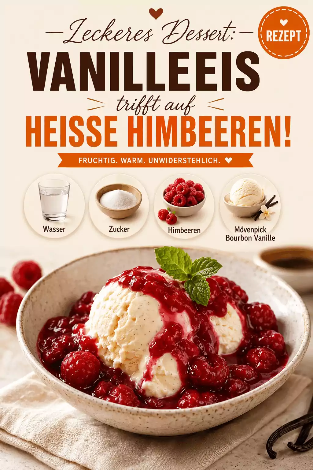 Leckeres Dessert: Vanilleeis trifft auf heiße Himbeeren!