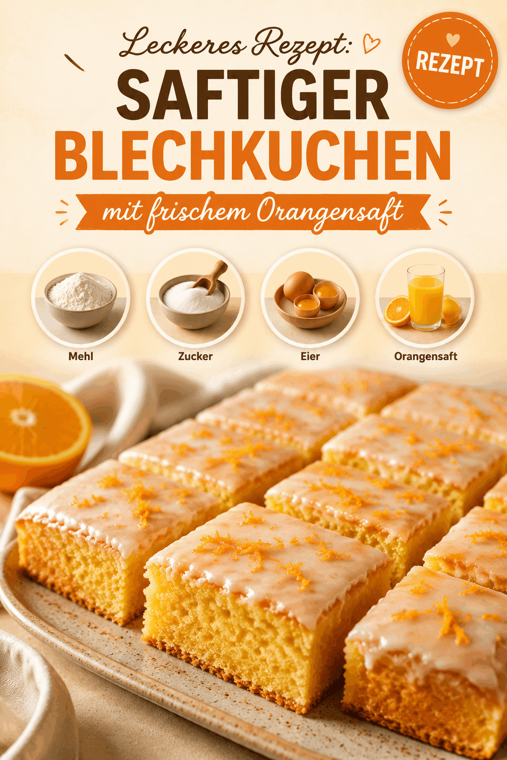 Leckeres Rezept: Saftiger Blechkuchen mit frischem Orangensaft