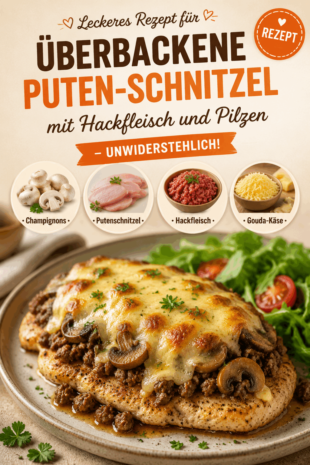 Leckeres Rezept für überbackene Puten-Schnitzel mit Hackfleisch und Pilzen – Unwiderstehlich!