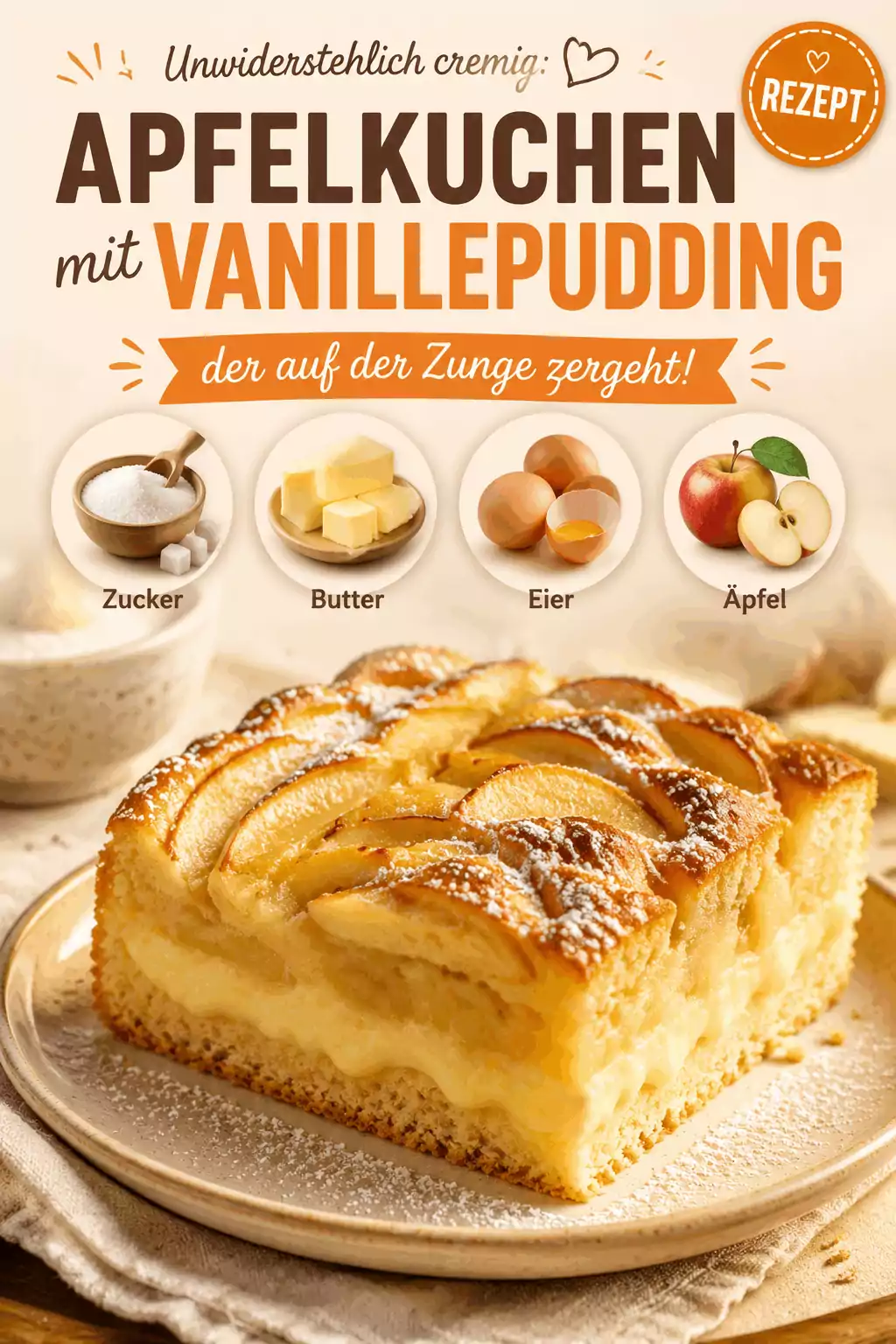 Unwiderstehlich cremig: Apfelkuchen mit Vanillepudding, der auf der Zunge zergeht!