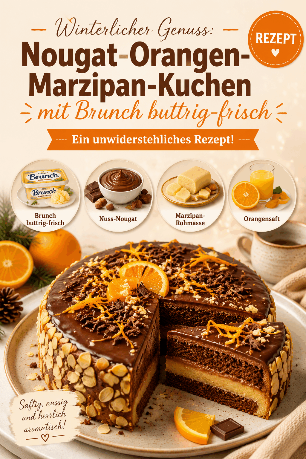 Winterlicher Genuss: Nougat-Orangen-Marzipan-Kuchen mit Brunch buttrig-frisch – Ein unwiderstehliches Rezept!