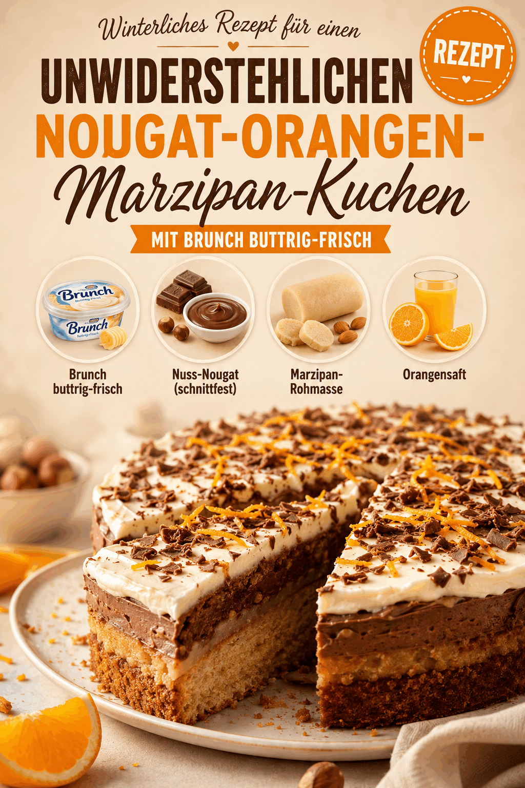 Winterliches Rezept für einen unwiderstehlichen Nougat-Orangen-Marzipan-Kuchen mit Brunch buttrig-frisch