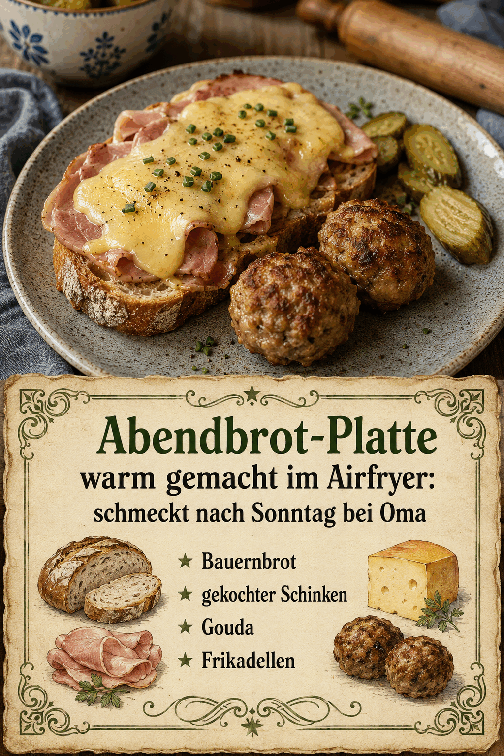 - Bauernbrot - gekochter Schinken - Gouda - Frikadellen