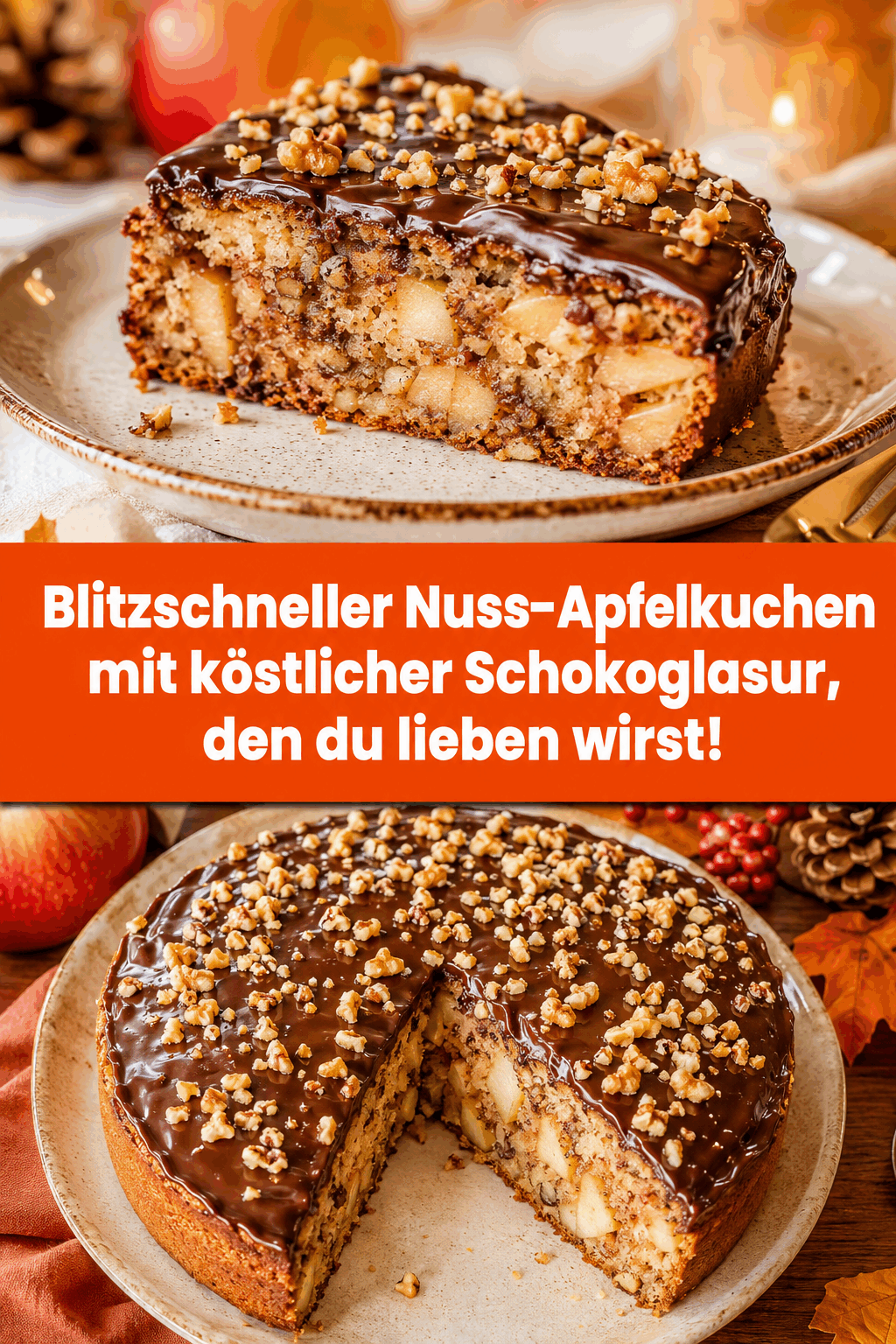 Blitzschneller Nuss-Apfelkuchen mit köstlicher Schokoglasur, den du lieben wirst!