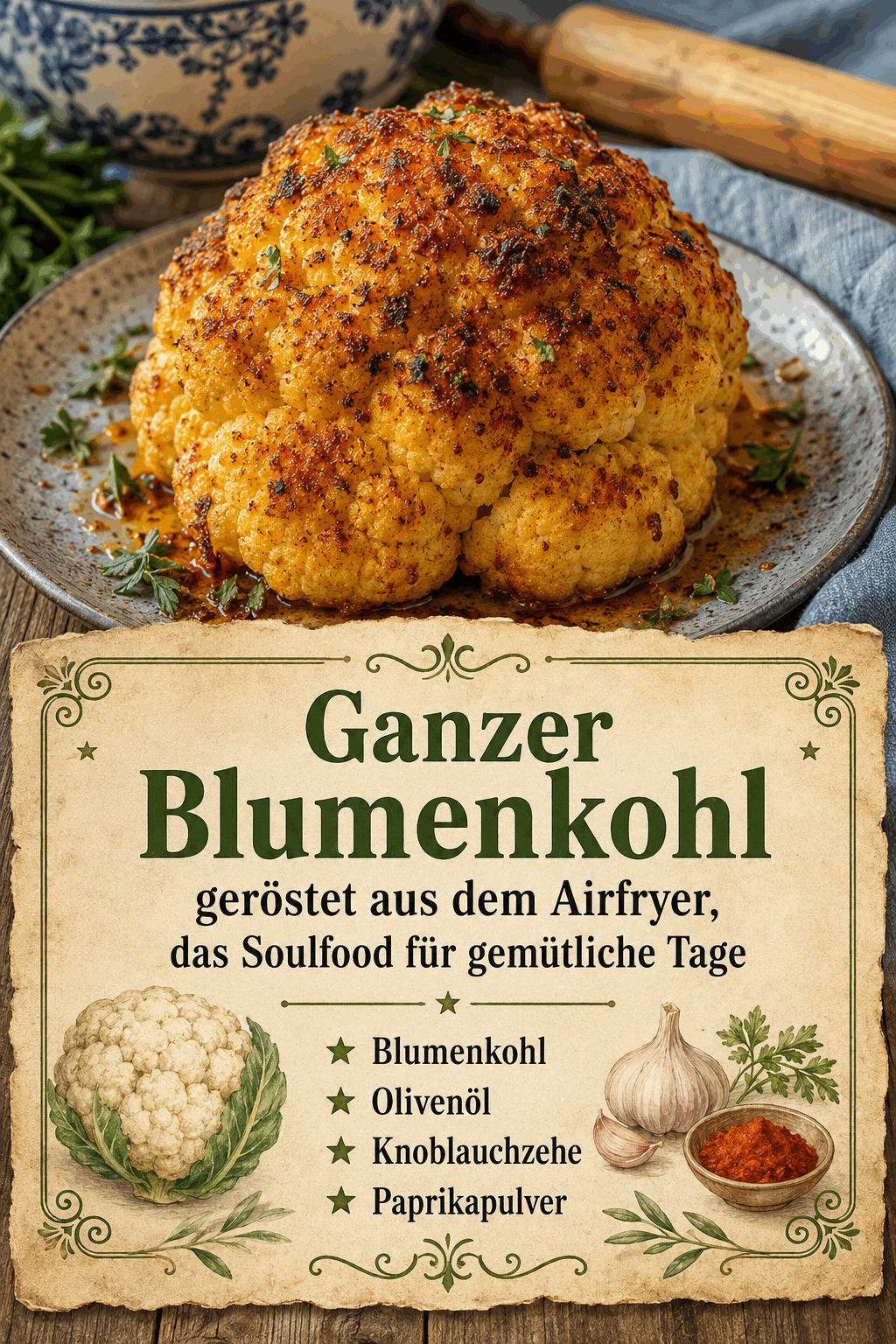 Ganzer Blumenkohl geröstet aus dem Airfryer, das Soulfood für gemütliche Tage