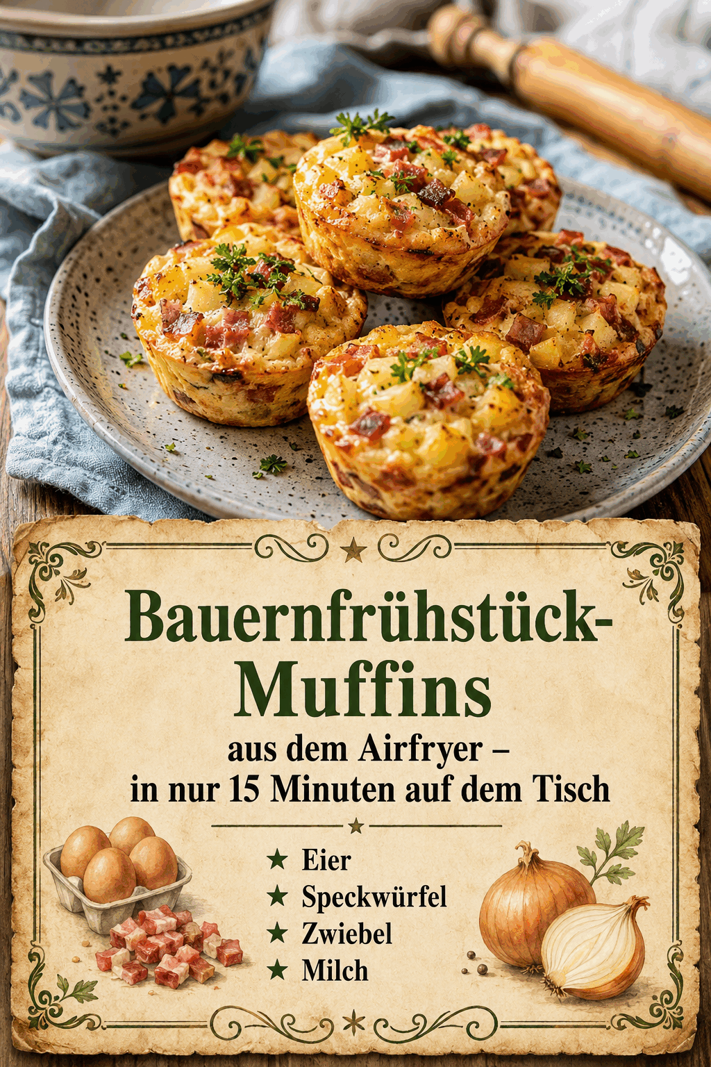 - Eier - Speckwürfel - Zwiebel - Milch