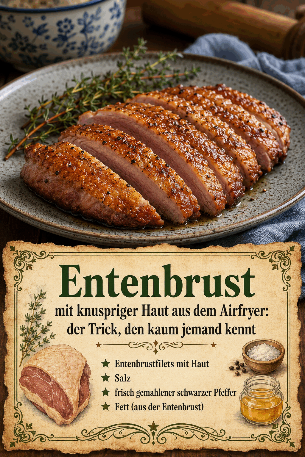 - Entenbrustfilets mit Haut - Salz - frisch gemahlener schwarzer Pfeffer - Fett (aus der Entenbrust)