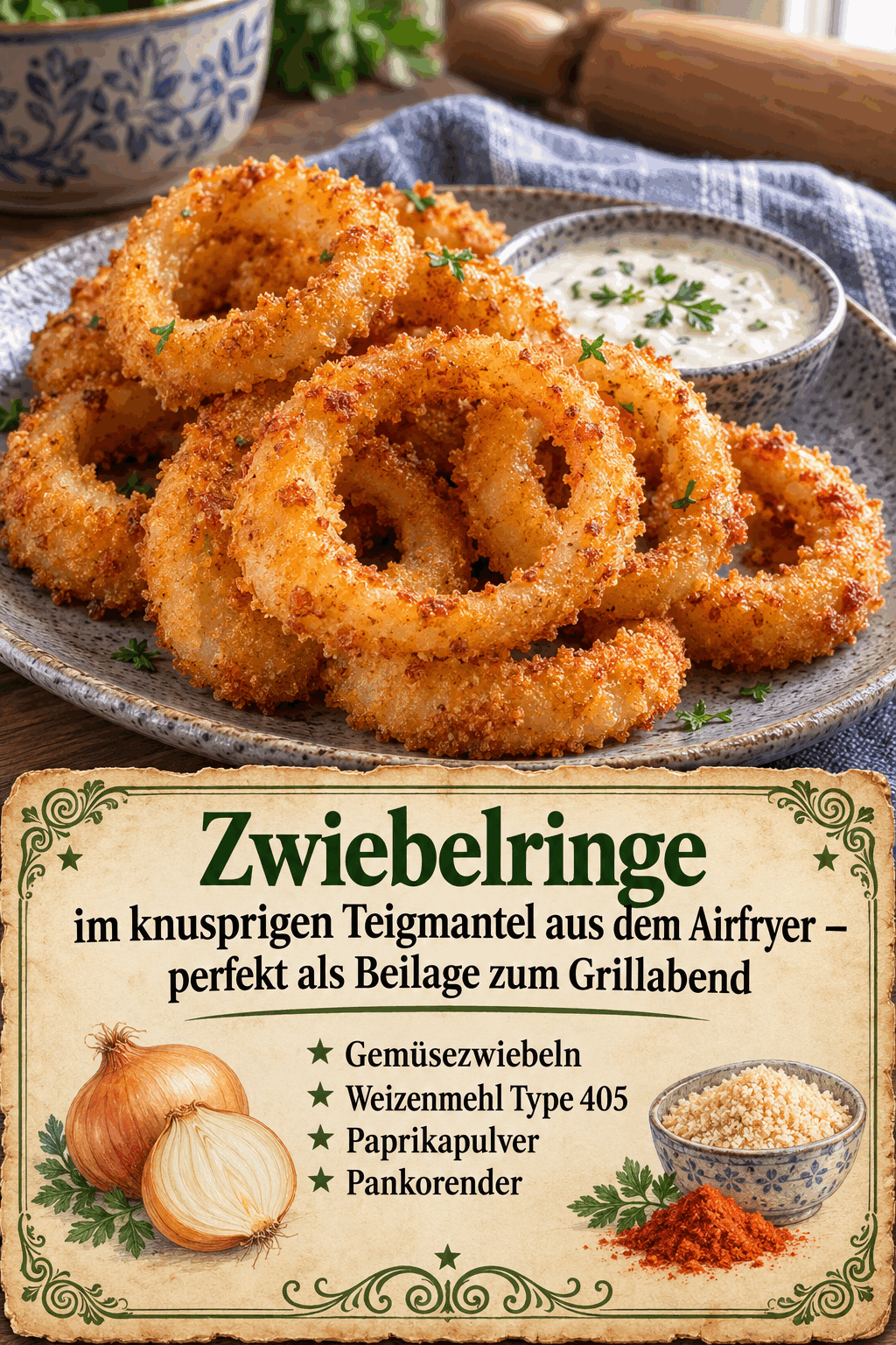 Zwiebelringe im knusprigen Teigmantel aus dem Airfryer – perfekt als Beilage zum Grillabend