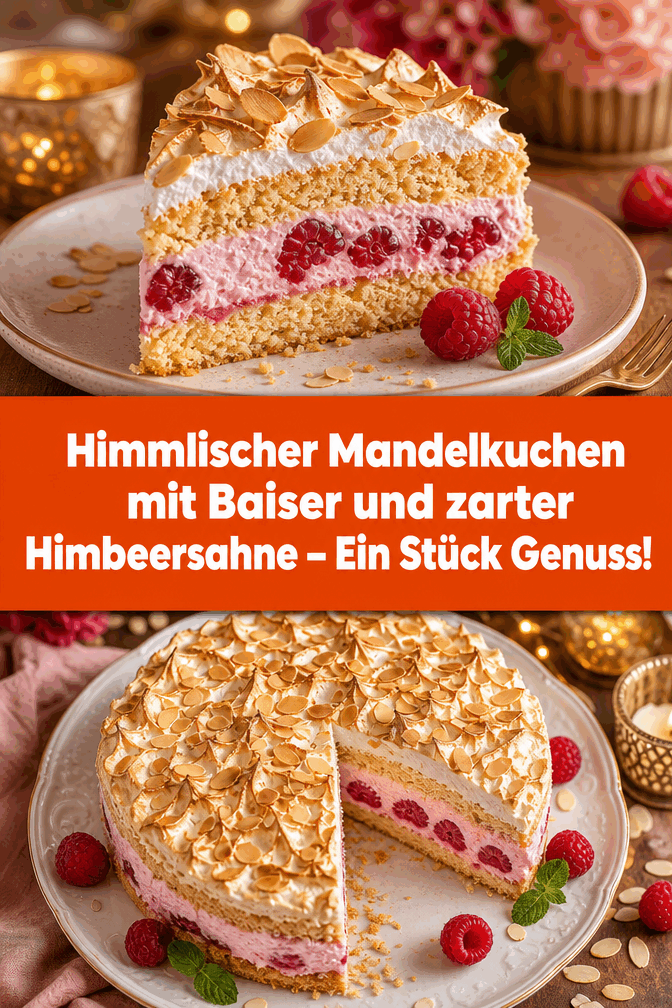 Himmlischer Mandelkuchen mit Baiser und zarter Himbeersahne – Ein Stück Genuss!