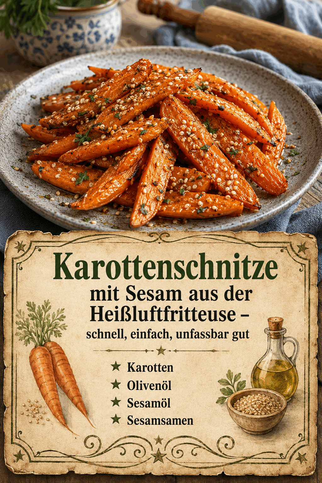 Karotten, Olivenöl, Sesamöl, Sesamsamen