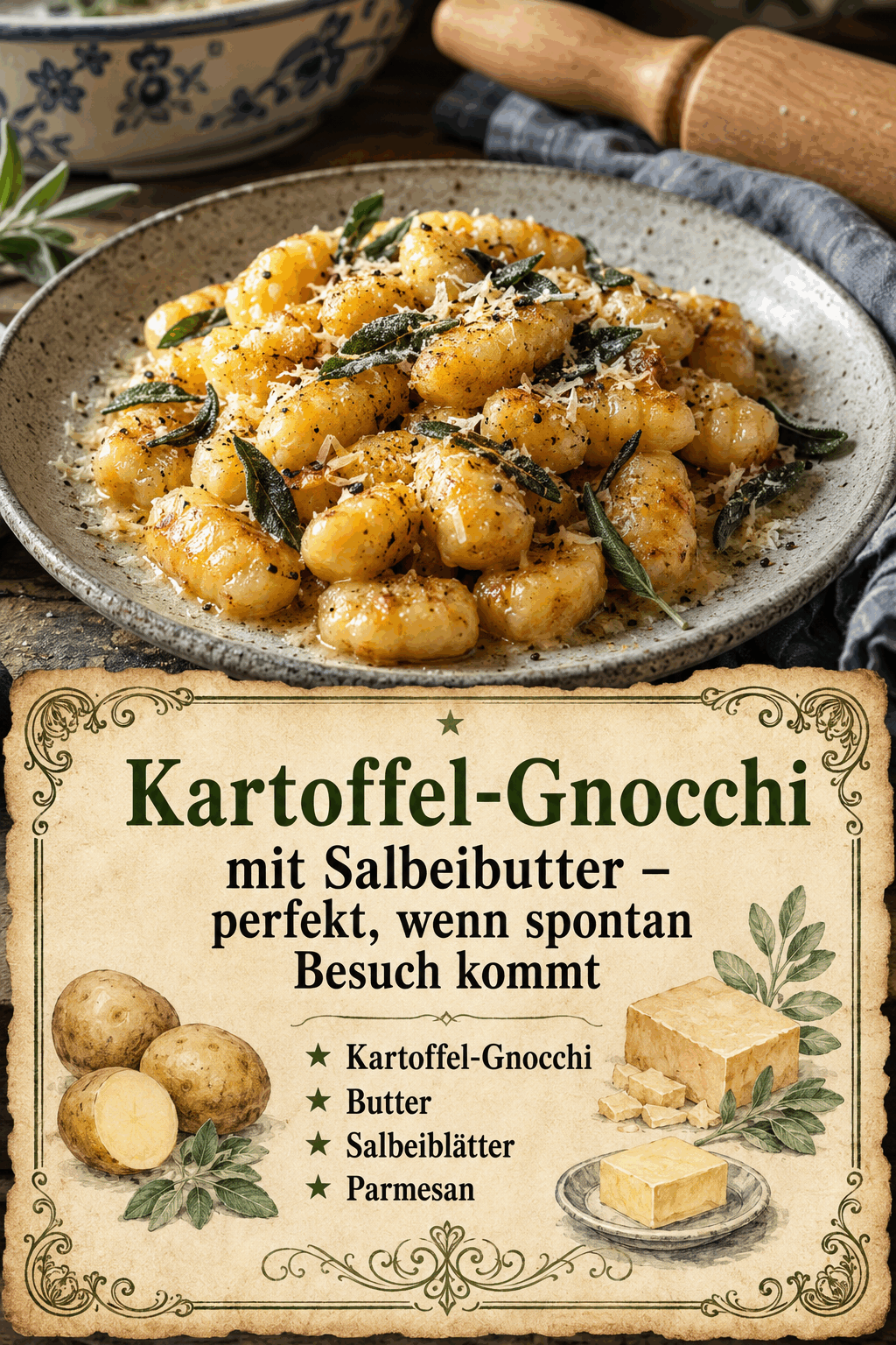 - Kartoffel-Gnocchi - Butter - Salbeiblätter - Parmesan