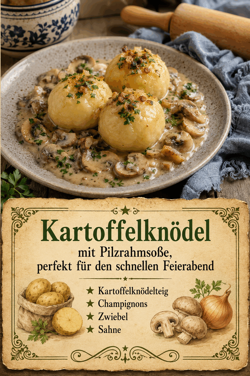 Kartoffelknödelteig, Champignons, Zwiebel, Sahne