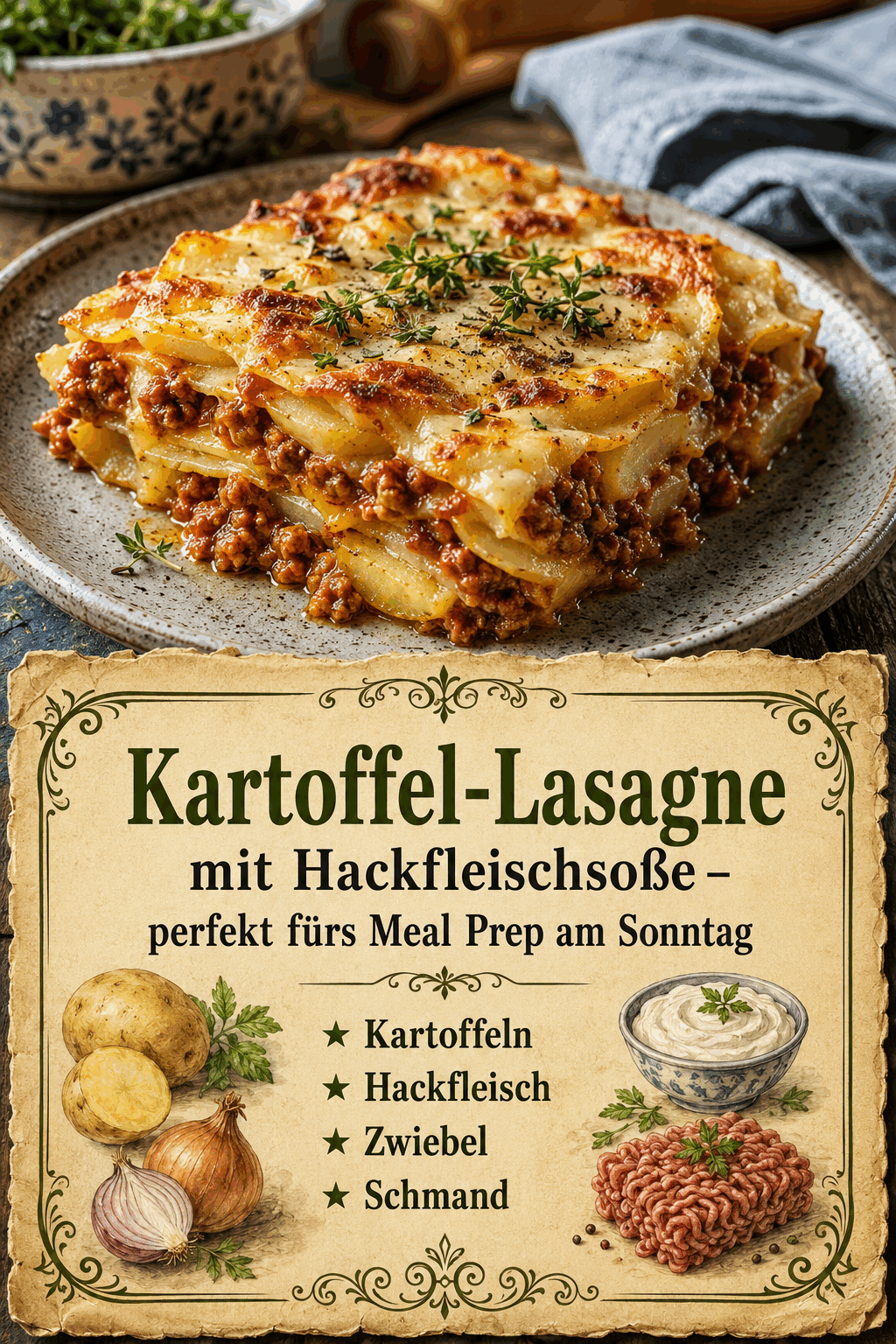 - Kartoffeln - Hackfleisch - Zwiebel - Schmand