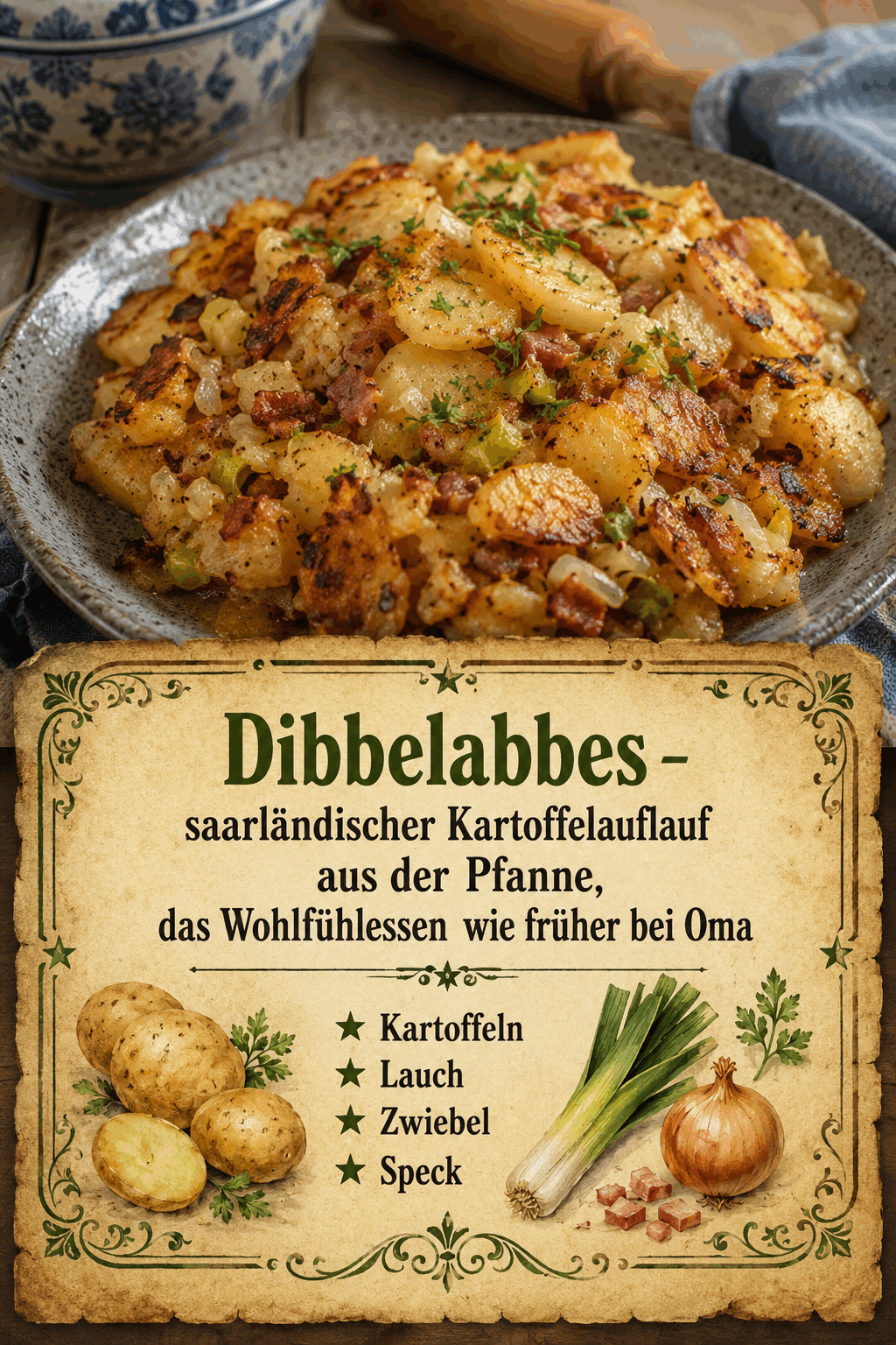Dibbelabbes – saarländischer Kartoffelauflauf aus der Pfanne, das Wohlfühlessen wie früher bei Oma