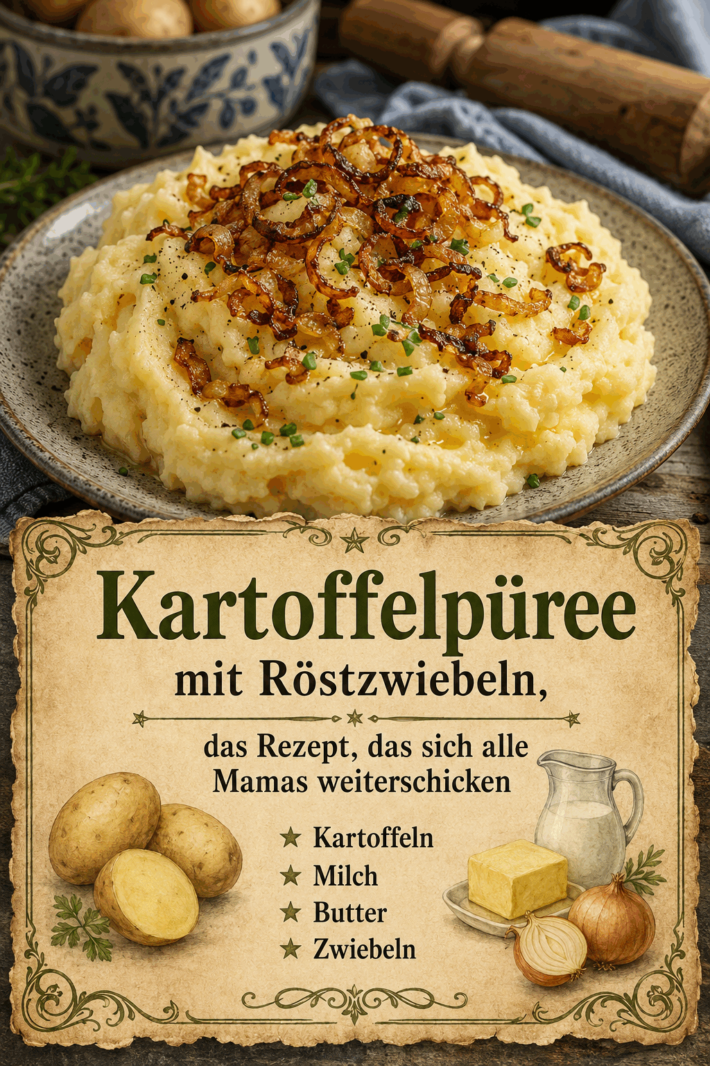 - Kartoffeln - Milch - Butter - Zwiebeln