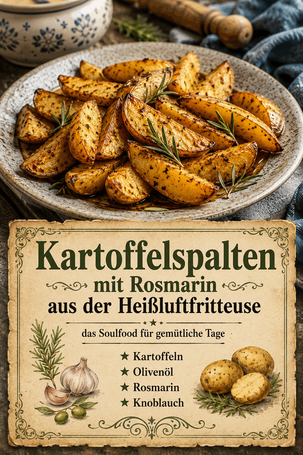 - Kartoffeln - Olivenöl - Rosmarin - Knoblauch