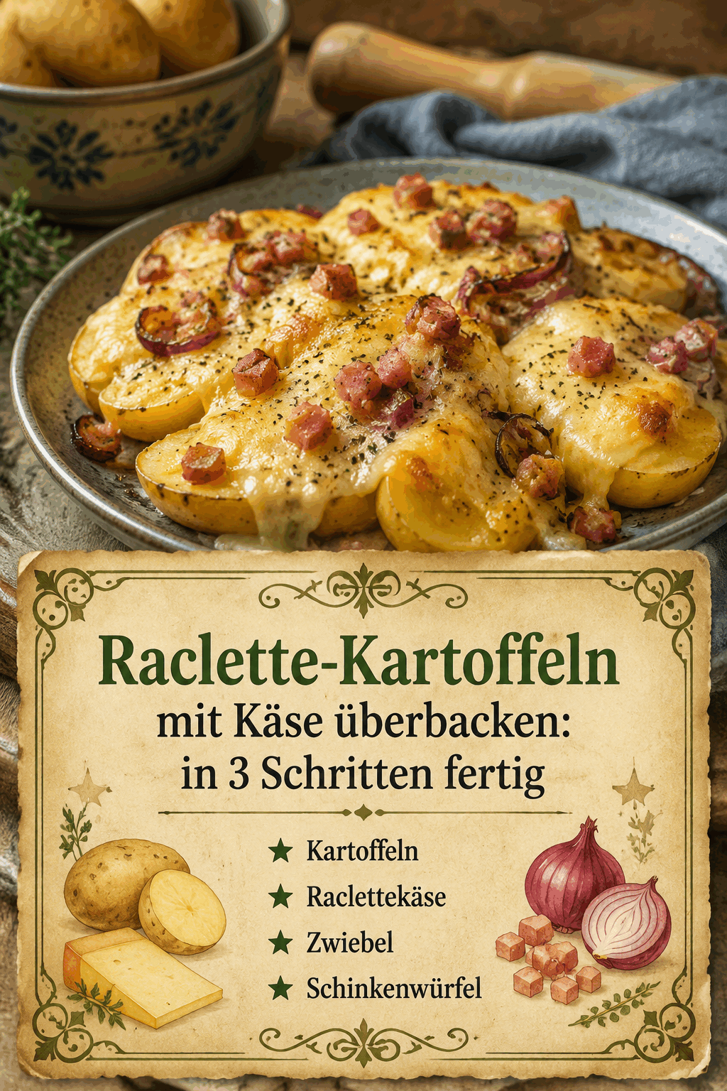 Kartoffeln Raclettekäse Zwiebel Schinkenwürfel