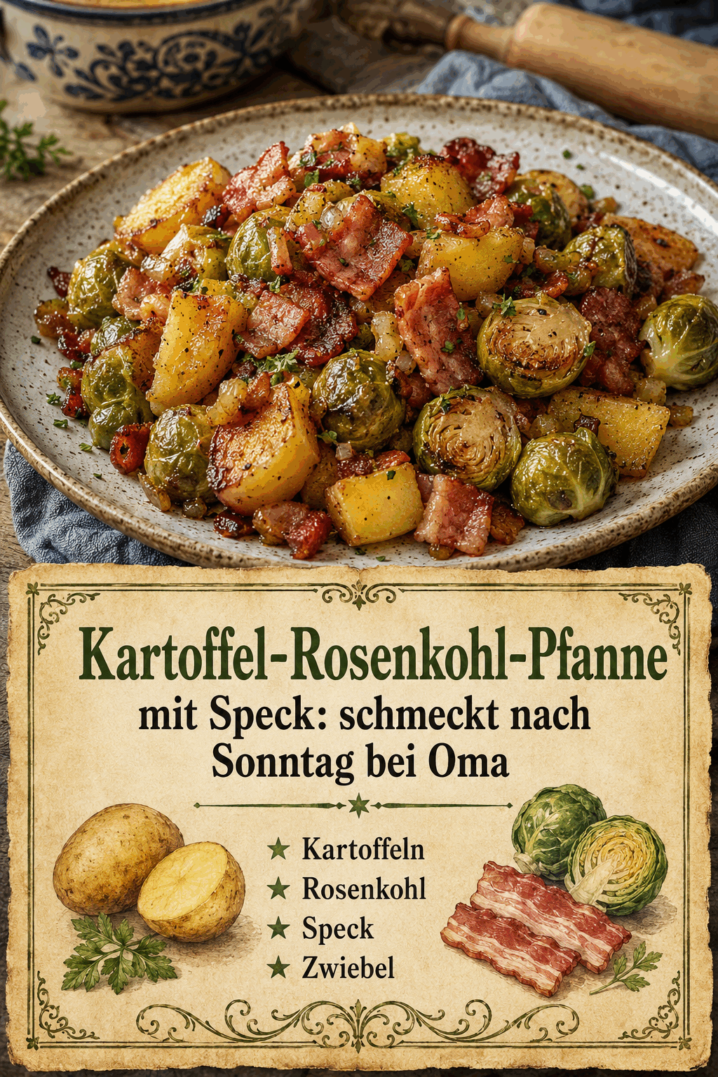 Kartoffel-Rosenkohl-Pfanne mit Speck: schmeckt nach Sonntag bei Oma