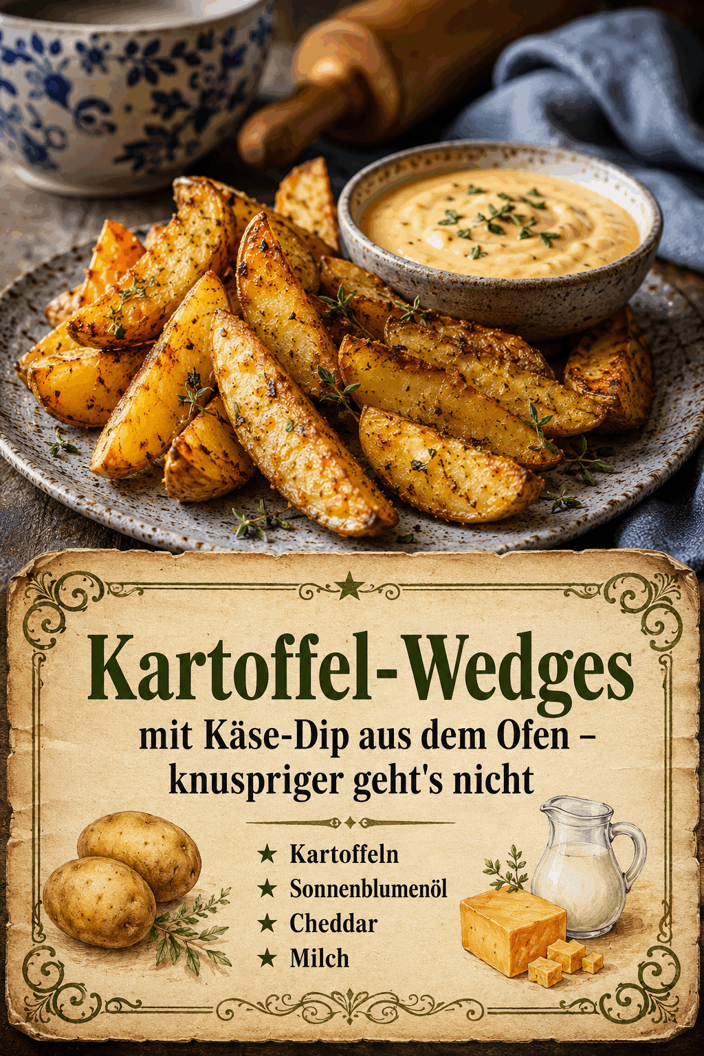 Kartoffel-Wedges mit Käse-Dip aus dem Ofen – knuspriger geht’s nicht