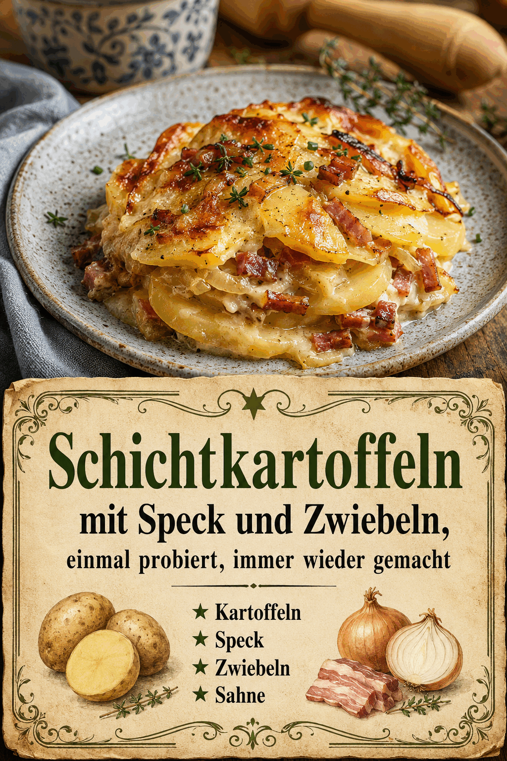 Schichtkartoffeln mit Speck und Zwiebeln, einmal probiert, immer wieder gemacht