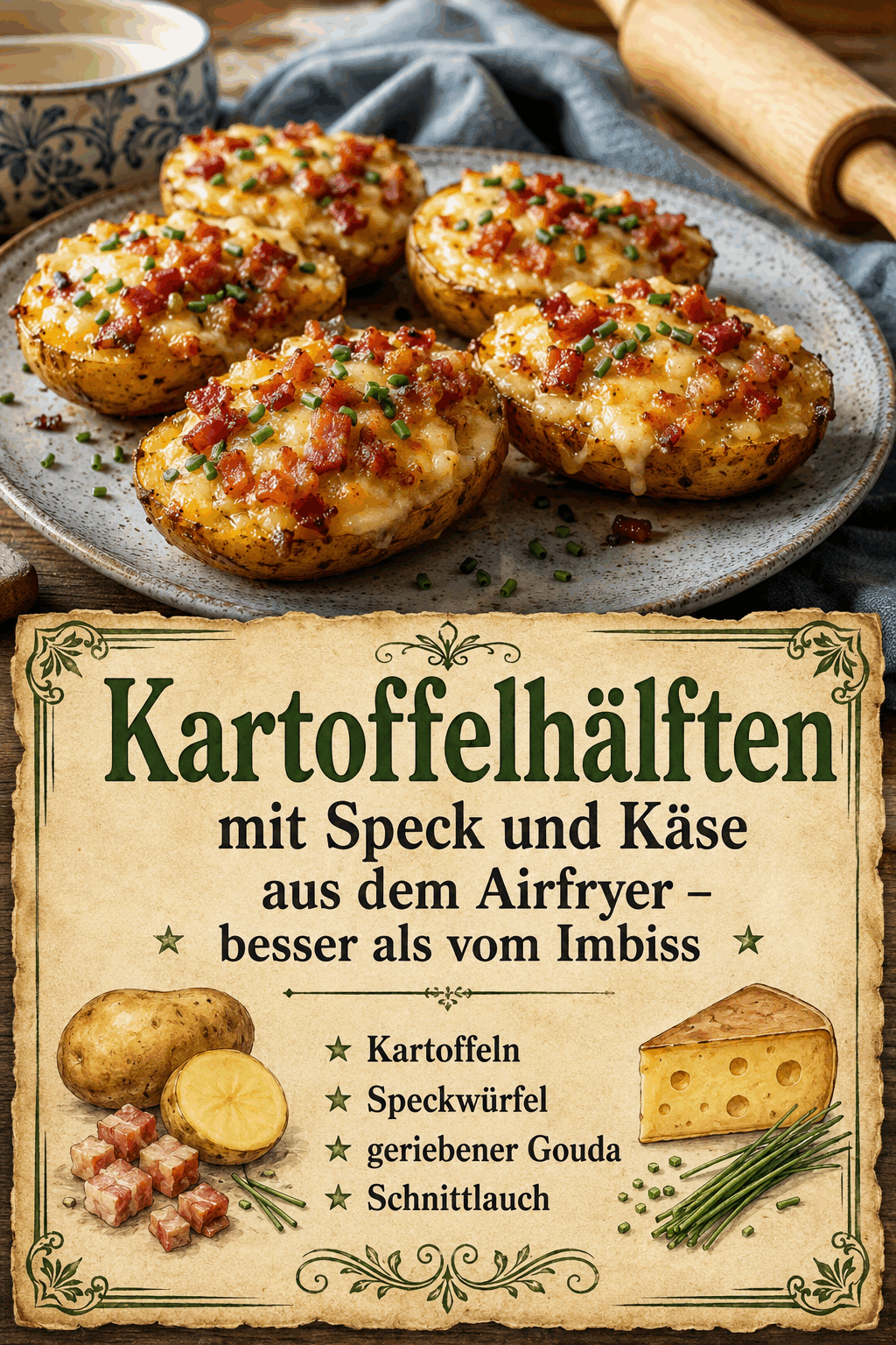 Kartoffeln Speckwürfel geriebener Gouda Schnittlauch