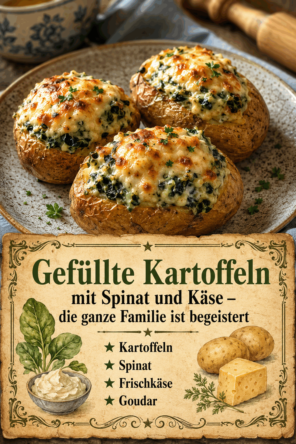- Kartoffeln - Spinat - Frischkäse - Gouda