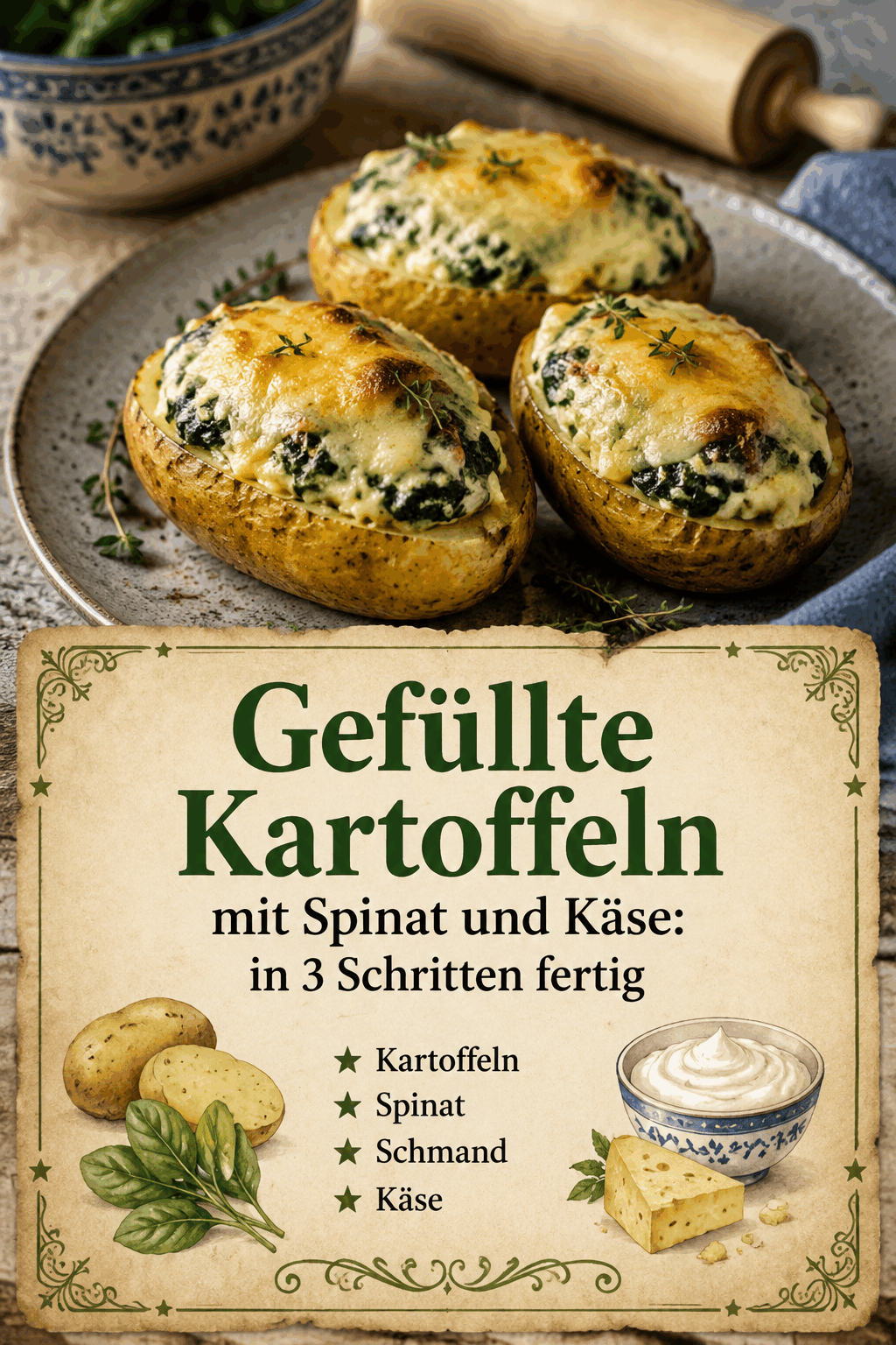 Gefüllte Kartoffeln mit Spinat und Käse: in 3 Schritten fertig