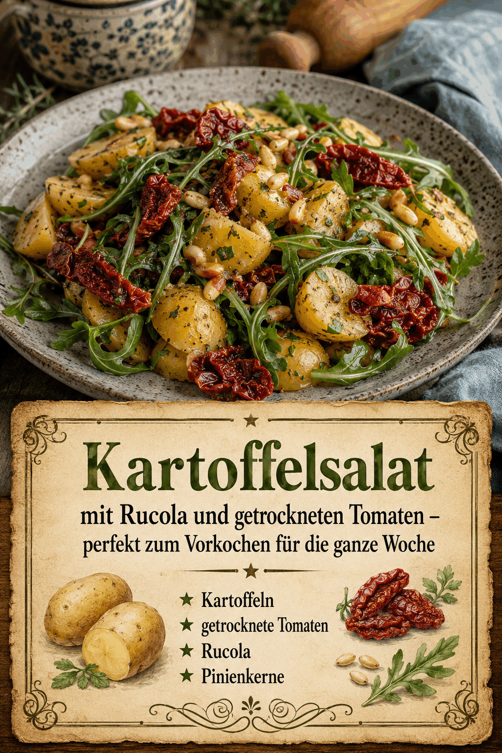 Kartoffelsalat mit Rucola und getrockneten Tomaten – perfekt zum Vorkochen für die ganze Woche