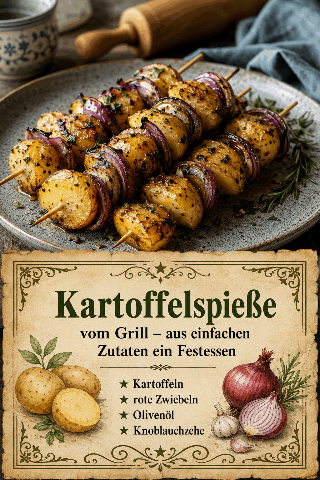 - Kartoffeln - rote Zwiebeln - Olivenöl - Knoblauchzehe