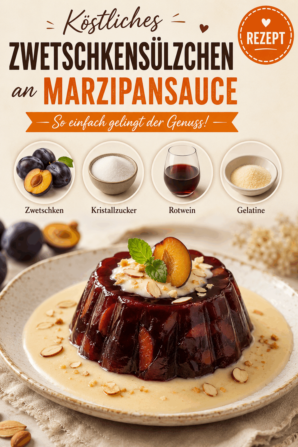 Köstliches Zwetschkensülzchen an Marzipansauce – So einfach gelingt der Genuss!