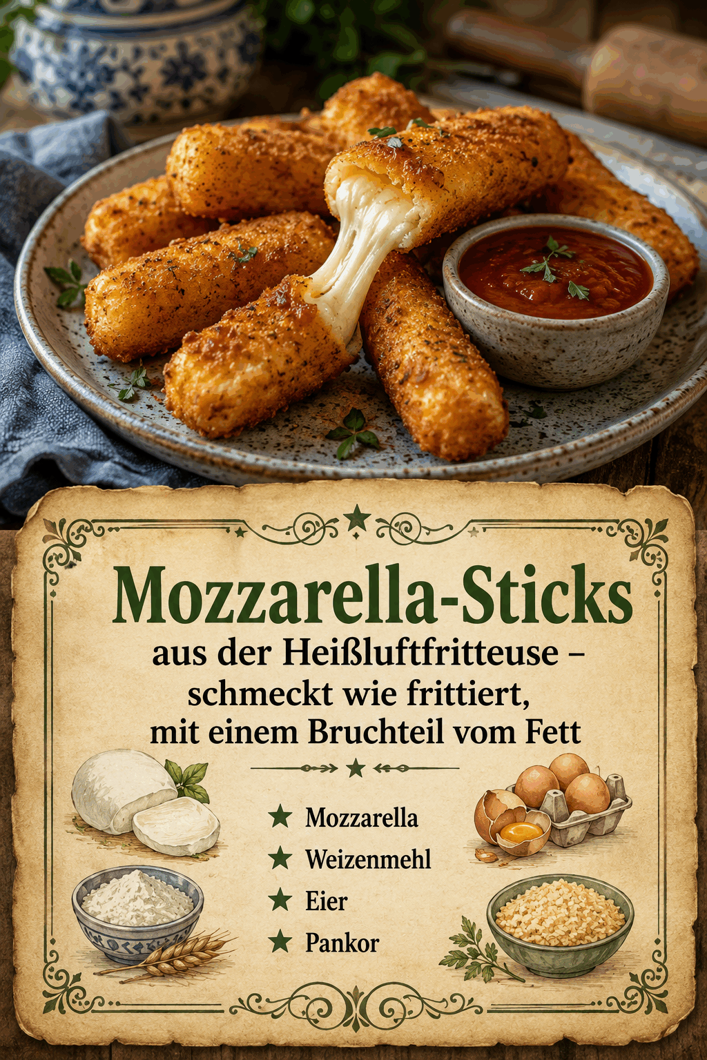 Mozzarella-Sticks aus der Heißluftfritteuse – schmeckt wie frittiert, mit einem Bruchteil vom Fett