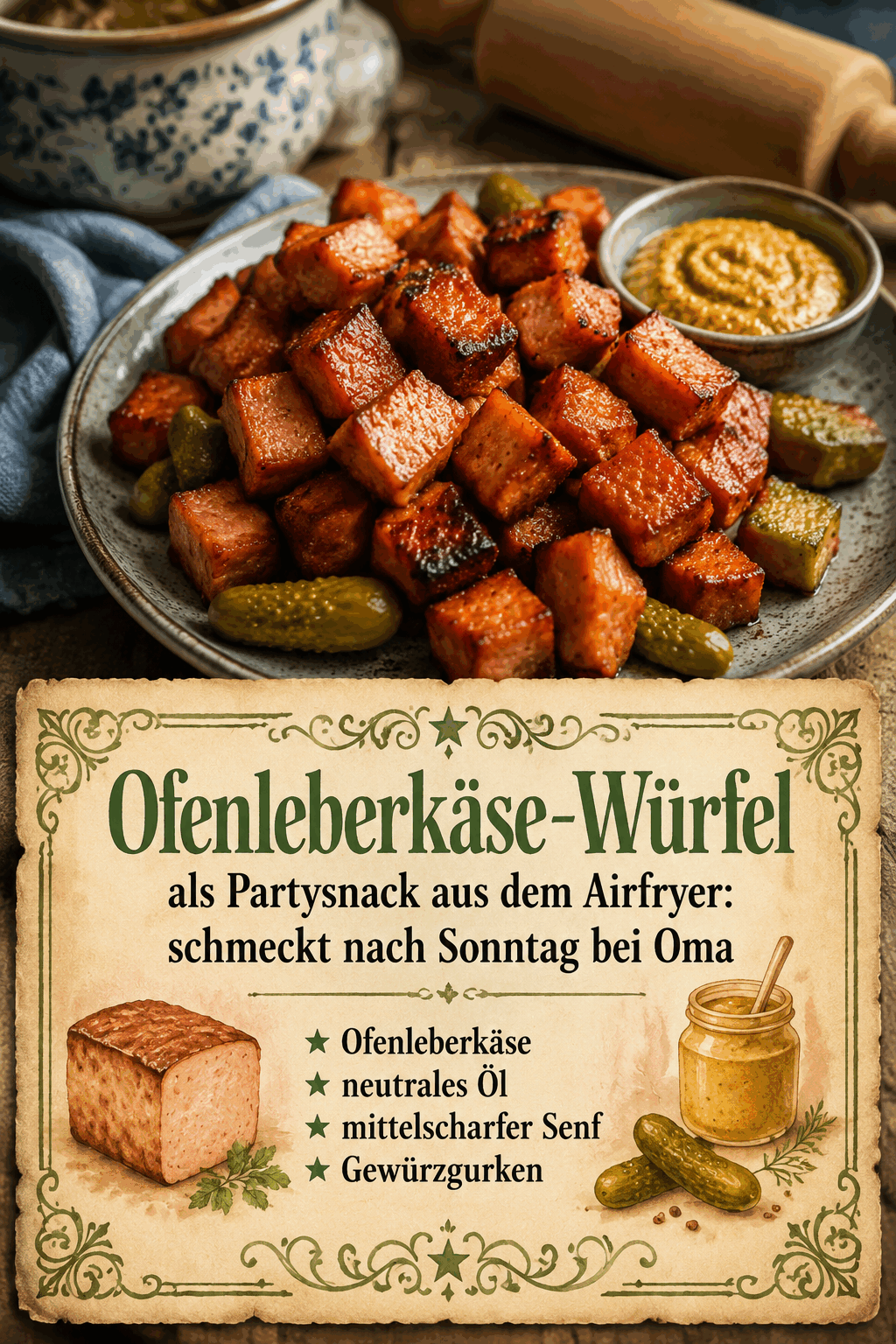 Ofenleberkäse-Würfel als Partysnack aus dem Airfryer: schmeckt nach Sonntag bei Oma