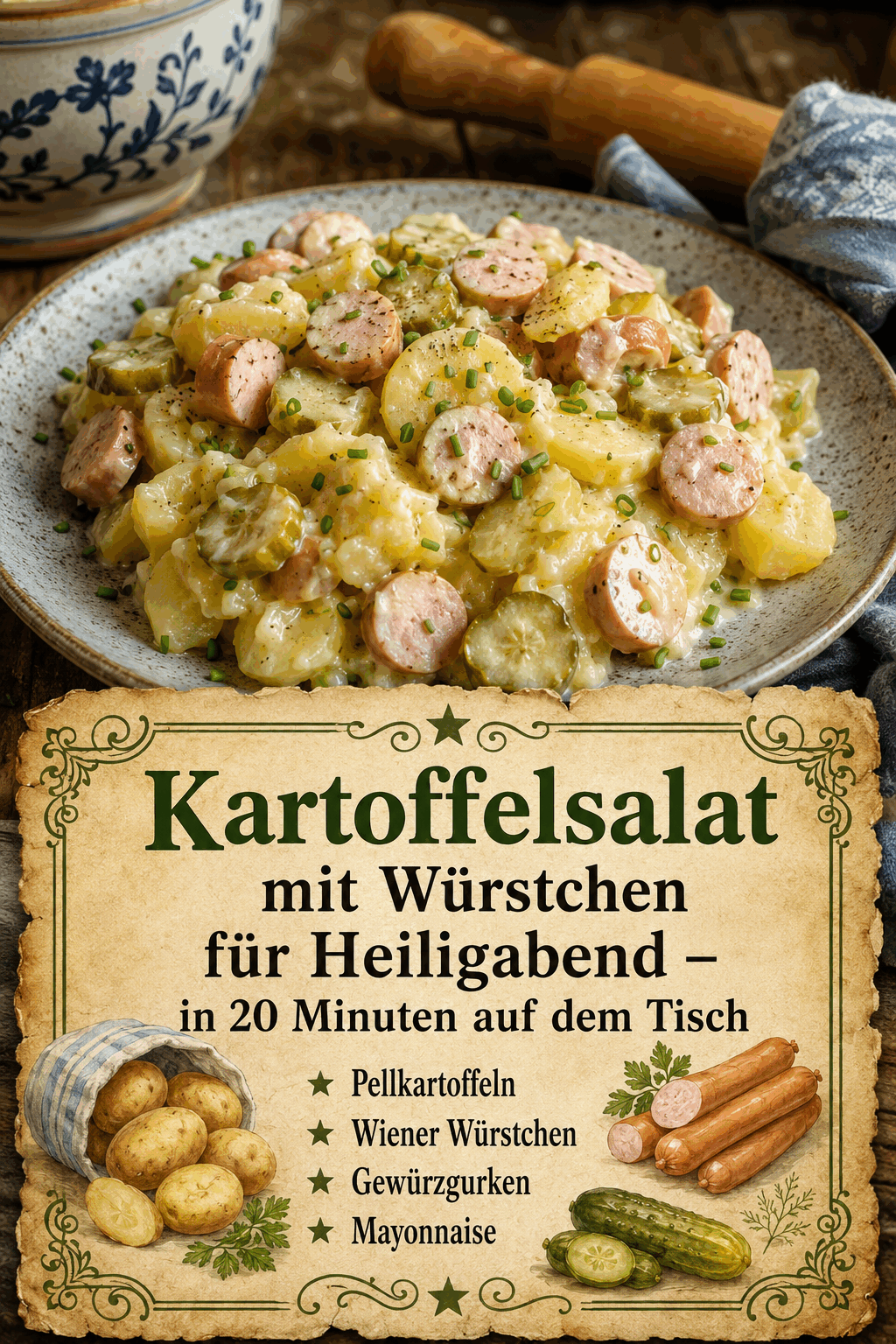 Pellkartoffeln Wiener Würstchen Gewürzgurken Mayonnaise