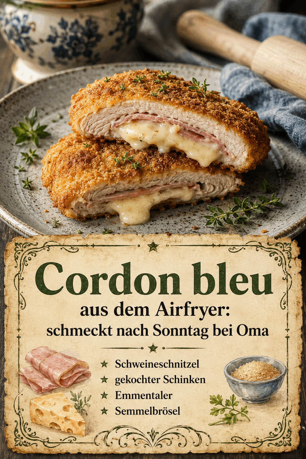 - Schweineschnitzel - gekochter Schinken - Emmentaler - Semmelbrösel