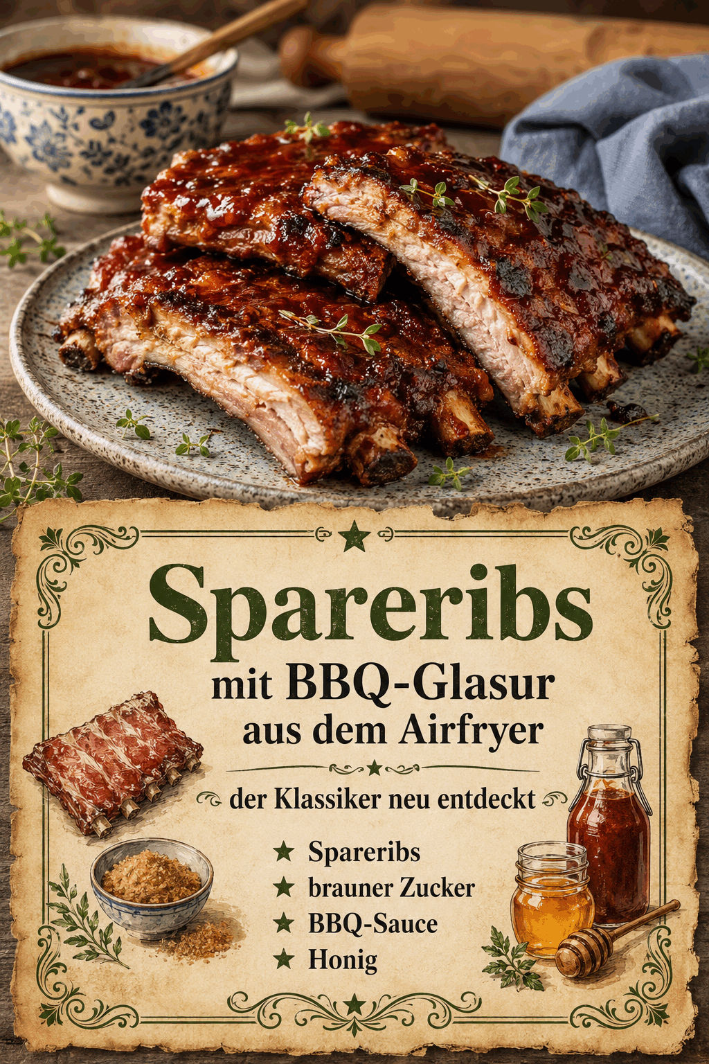 Spareribs, brauner Zucker, BBQ-Sauce, Honig
