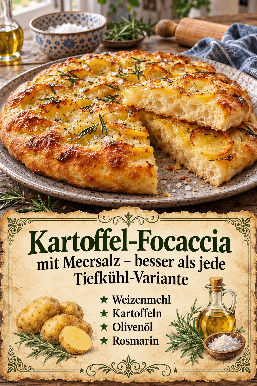 Weizenmehl, Kartoffeln, Olivenöl, Rosmarin