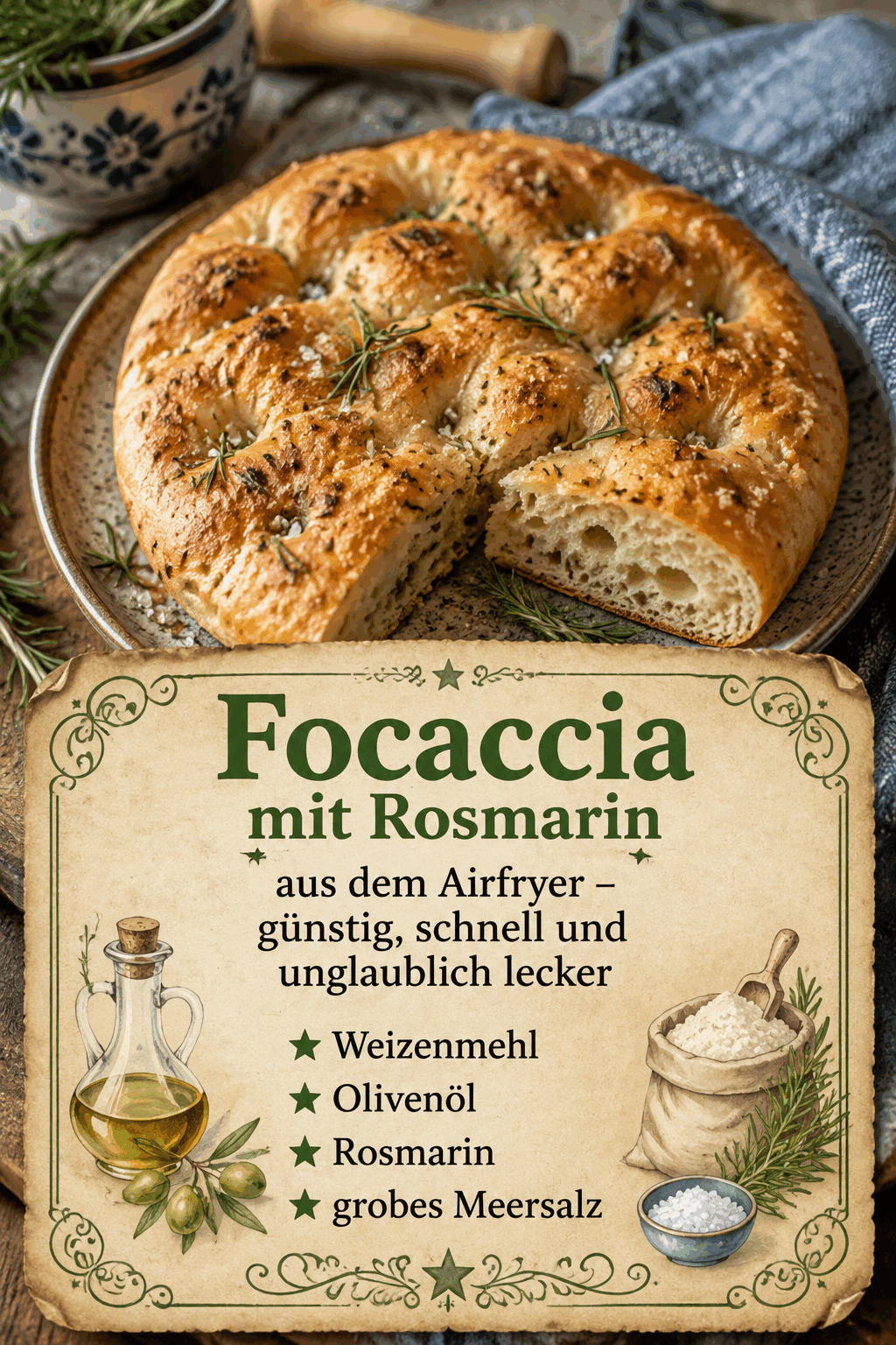 Weizenmehl, Olivenöl, Rosmarin, grobes Meersalz