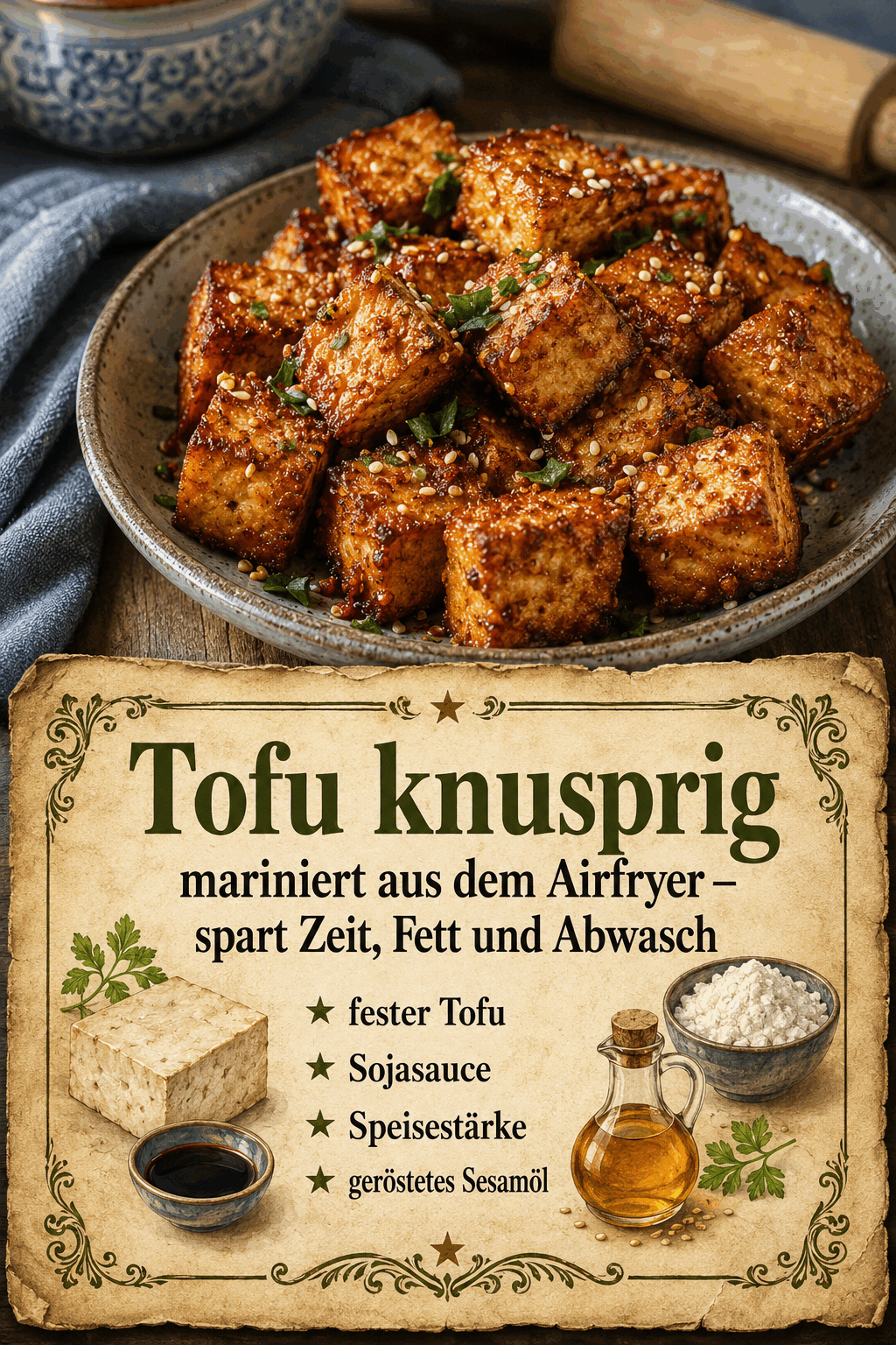 Tofu knusprig mariniert aus dem Airfryer – spart Zeit, Fett und Abwasch