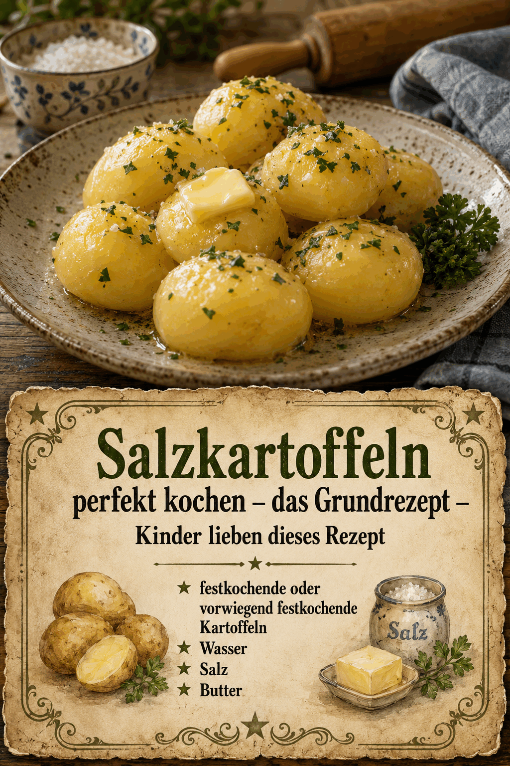 - festkochende oder vorwiegend festkochende Kartoffeln - Wasser - Salz - Butter